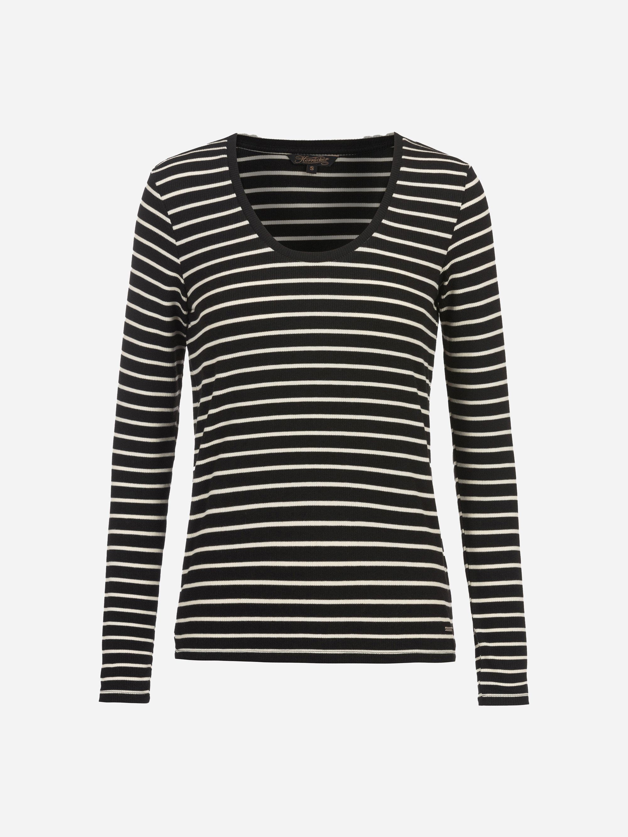 Ein schwarzes langärmeliges Hemd mit weißen Querstreifen und V-Ausschnitt auf weißem Grund.