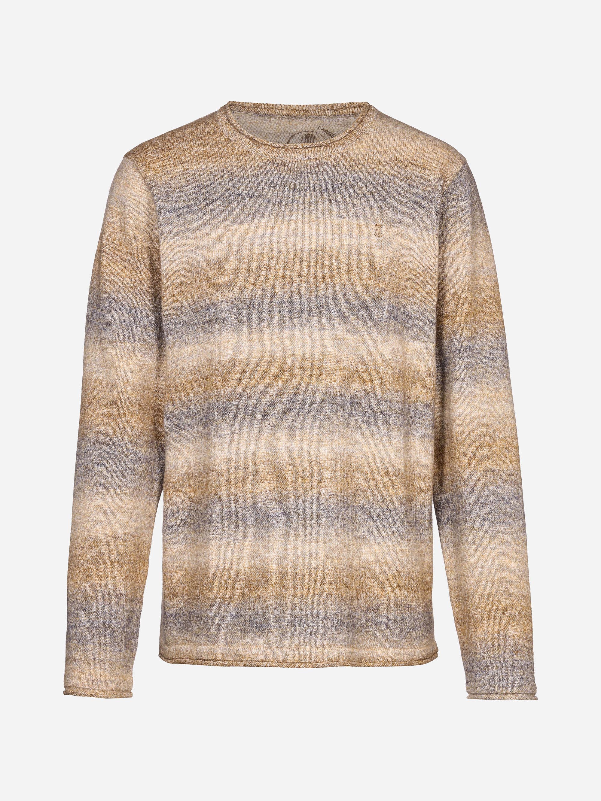 Ein langärmeliger Strickpullover mit Rundhalsausschnitt und horizontalen Streifen in Beige-, Braun- und Grautönen. Der Pullover hat eine weiche, strukturierte Optik und eine lockere Passform.