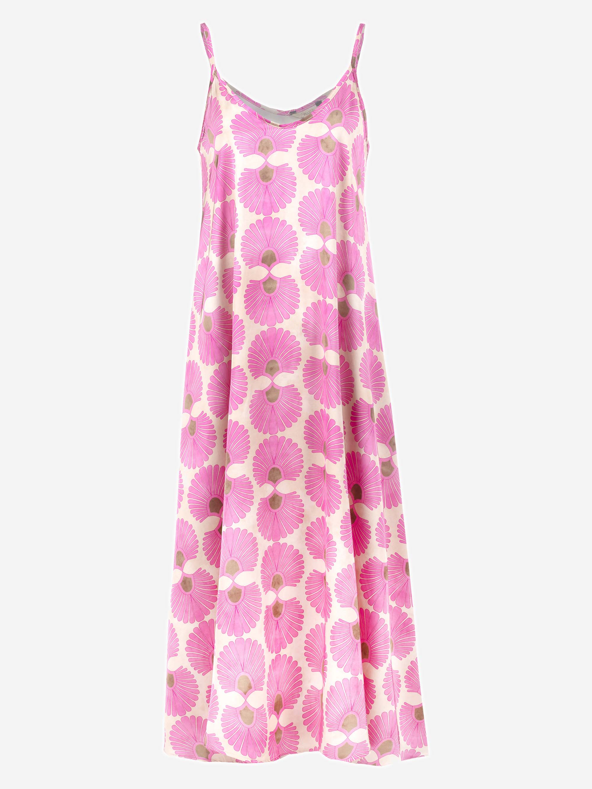 Ärmelloses Kleid in A-Linie mit dünnen Trägern und einem auffälligen rosa Blumenmuster mit großen Blüten auf weißem Hintergrund.