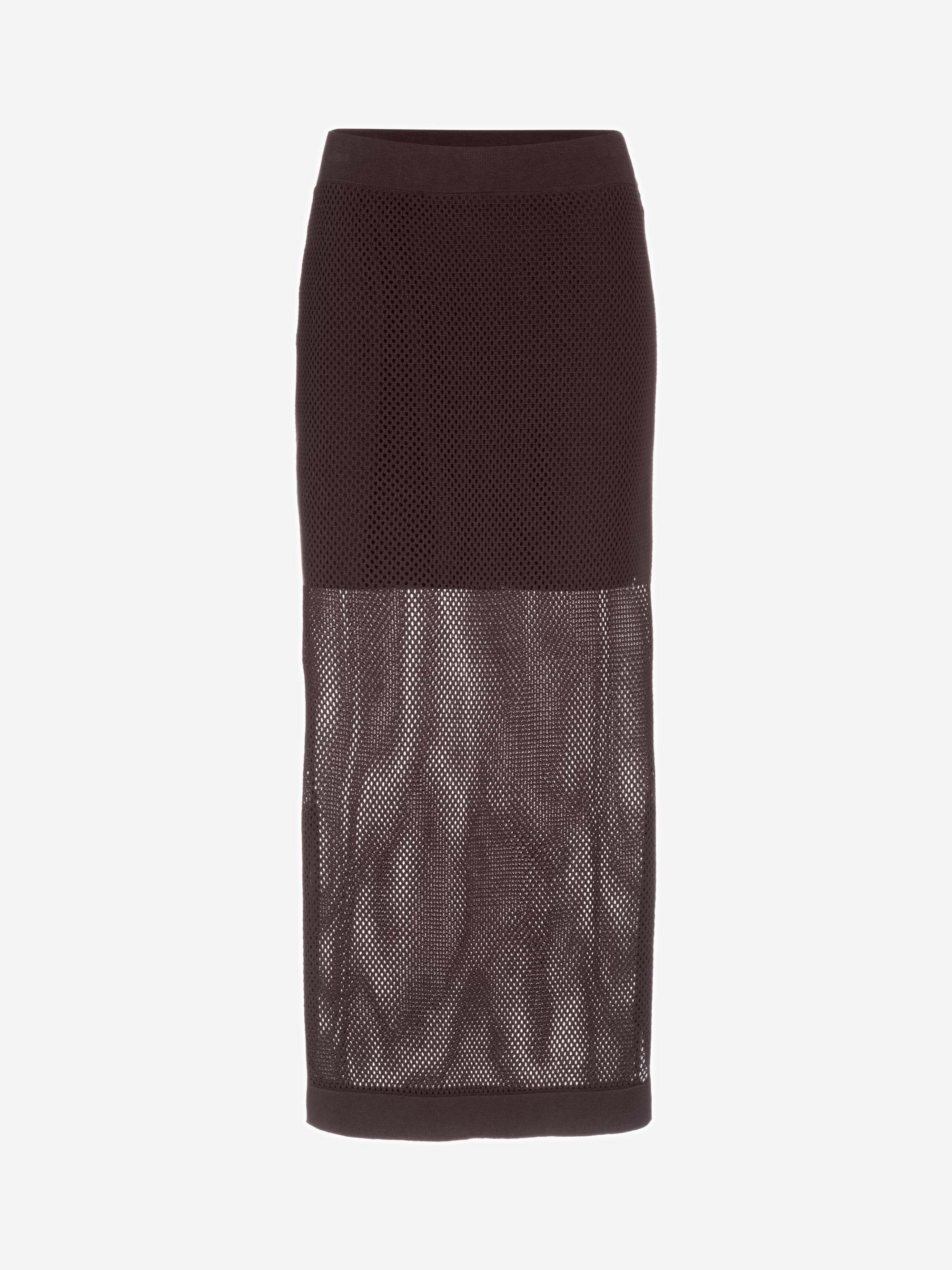 Schwarzer Midirock aus Mesh mit tailliertem Bund und teilweise durchsichtigem Design, mit festem Futter von der Taille bis zur Mitte des Oberschenkels und einem durchsichtigen Mesh-Einsatz von der Mitte des Oberschenkels bis zum Saum.