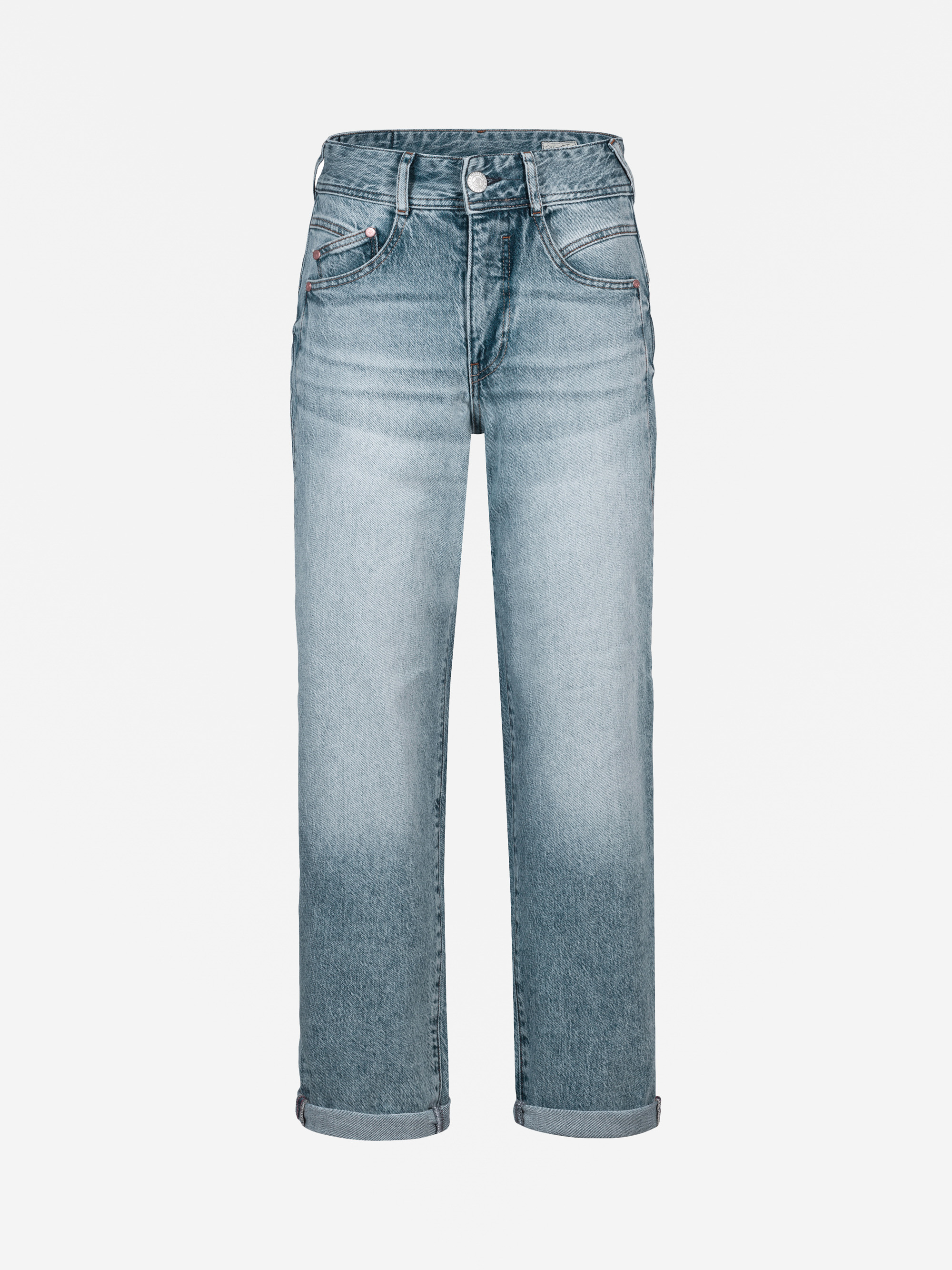 Ein Paar hellblaue Jeans mit hoher Taille, geradem Bein und aufgerollten Bündchen, abgebildet auf einem schlichten weißen Hintergrund.