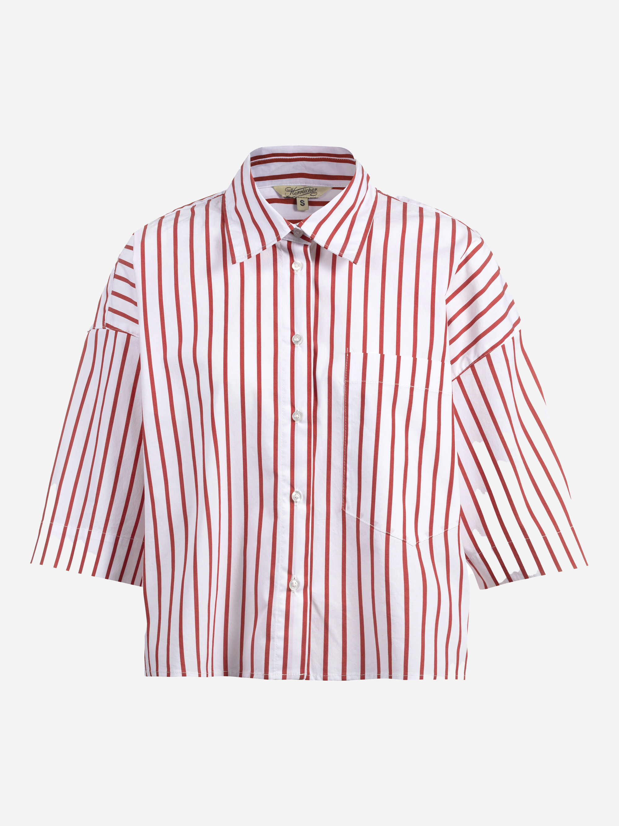 Kurzärmeliges, geknöpftes Hemd mit weißem Grundton und vertikalen roten Streifen, einer Brusttasche und einem Kragen. Das Hemd hat eine lockere, kastenförmige Passform.