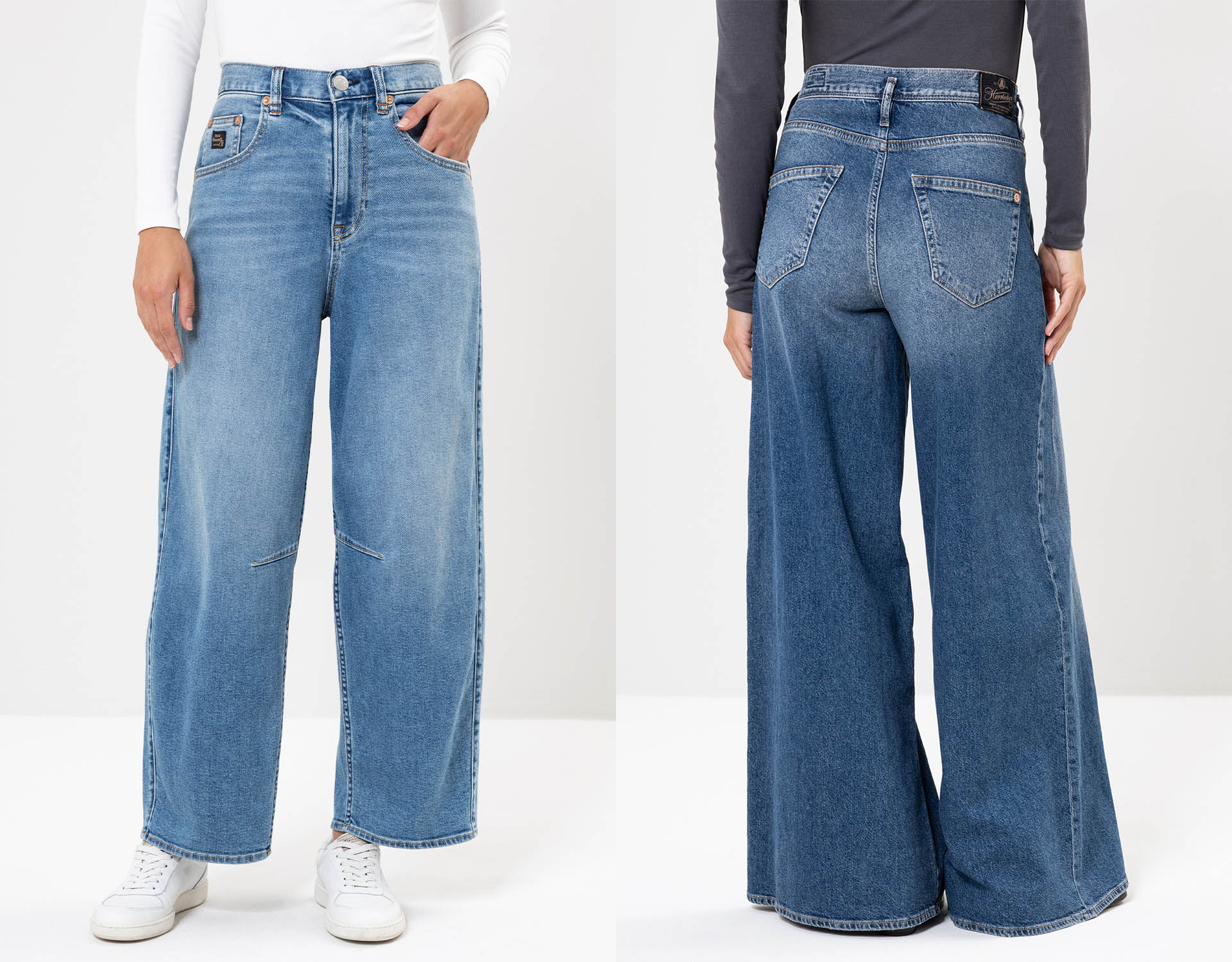 Vorder- und Rückansicht einer Person, die eine hellblaue Jeans mit weitem Bein, hoher Taille und Five-Pocket-Styling trägt. Die Jeans hat subtile Ausbleichungen und wird mit weißen Turnschuhen und langärmeligen Oberteilen kombiniert.