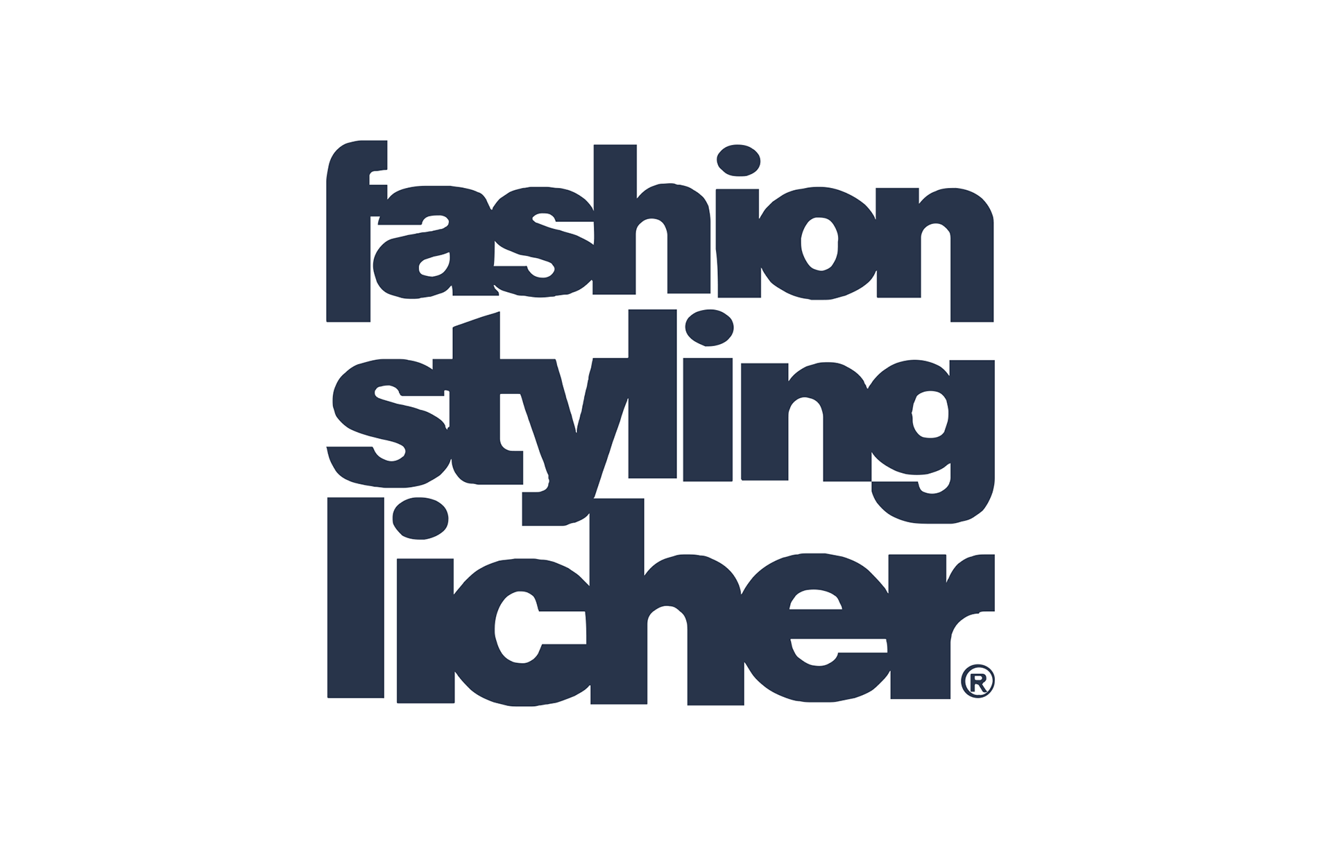 Der dunkelblaue, fettgedruckte Kleinbuchstaben-Text lautet Fashion Styling Licher auf weißem Hintergrund. Die Wörter sind vertikal gestapelt und nach links ausgerichtet.