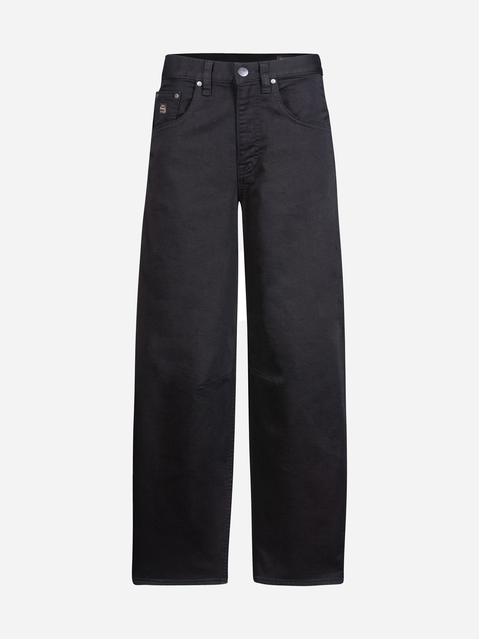 Schwarze Jeans mit hoher Taille und weitem Bein, mit Knopf und Reißverschluss, fünf Taschen und Gürtelschlaufen auf weißem Hintergrund.