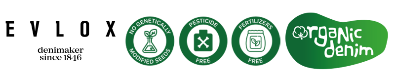 EVLOX Denimaker since 1846-Logo mit Symbolen für gentechnikfreies Saatgut, pestizidfreies, düngerfreies und biologisches Denim.
