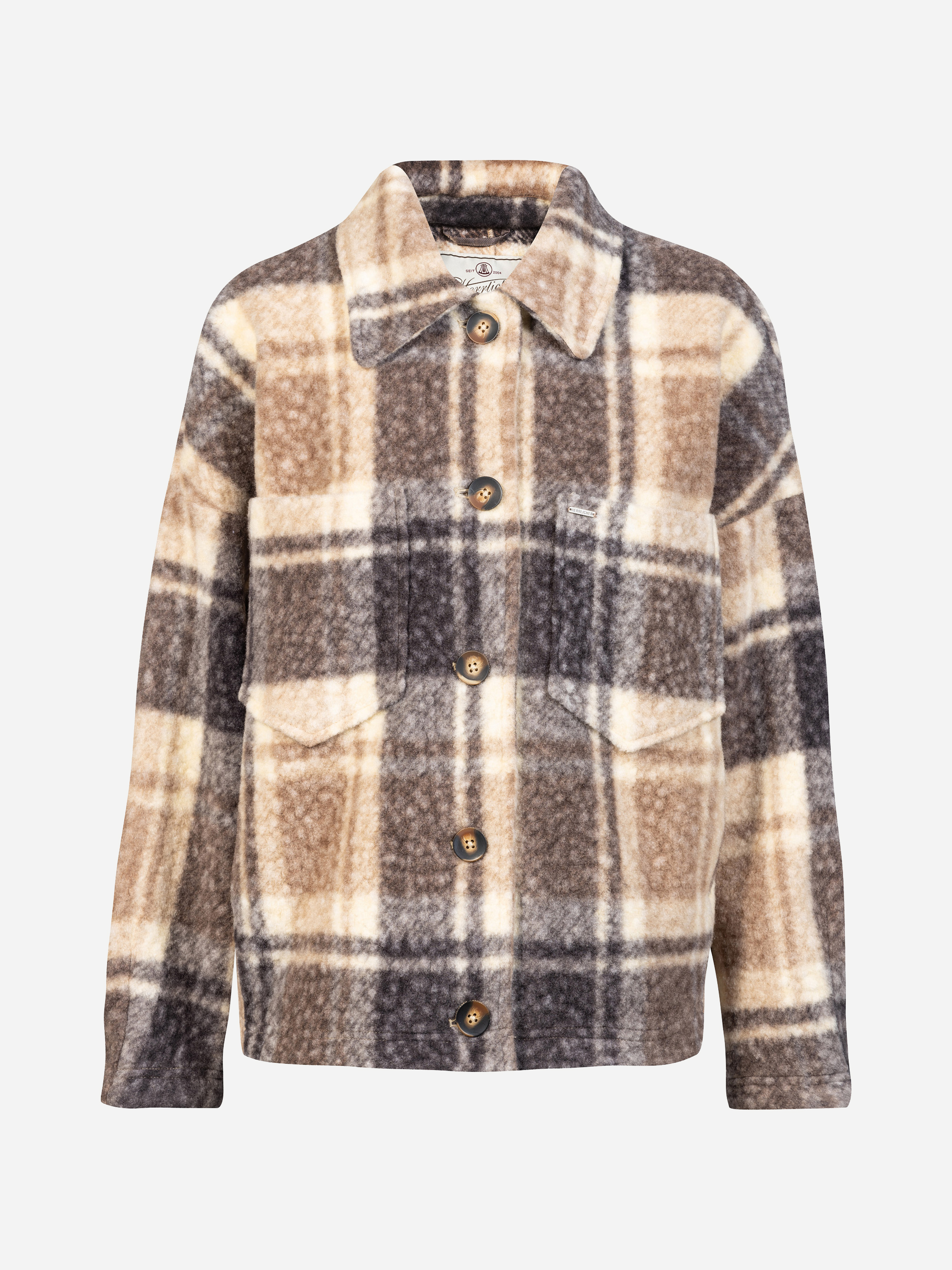 Eine Jacke mit Knopfleiste und großem kariertem Muster in Braun, Beige und Grau, mit zwei Brusttaschen und einem Kragen, vor weißem Hintergrund.
