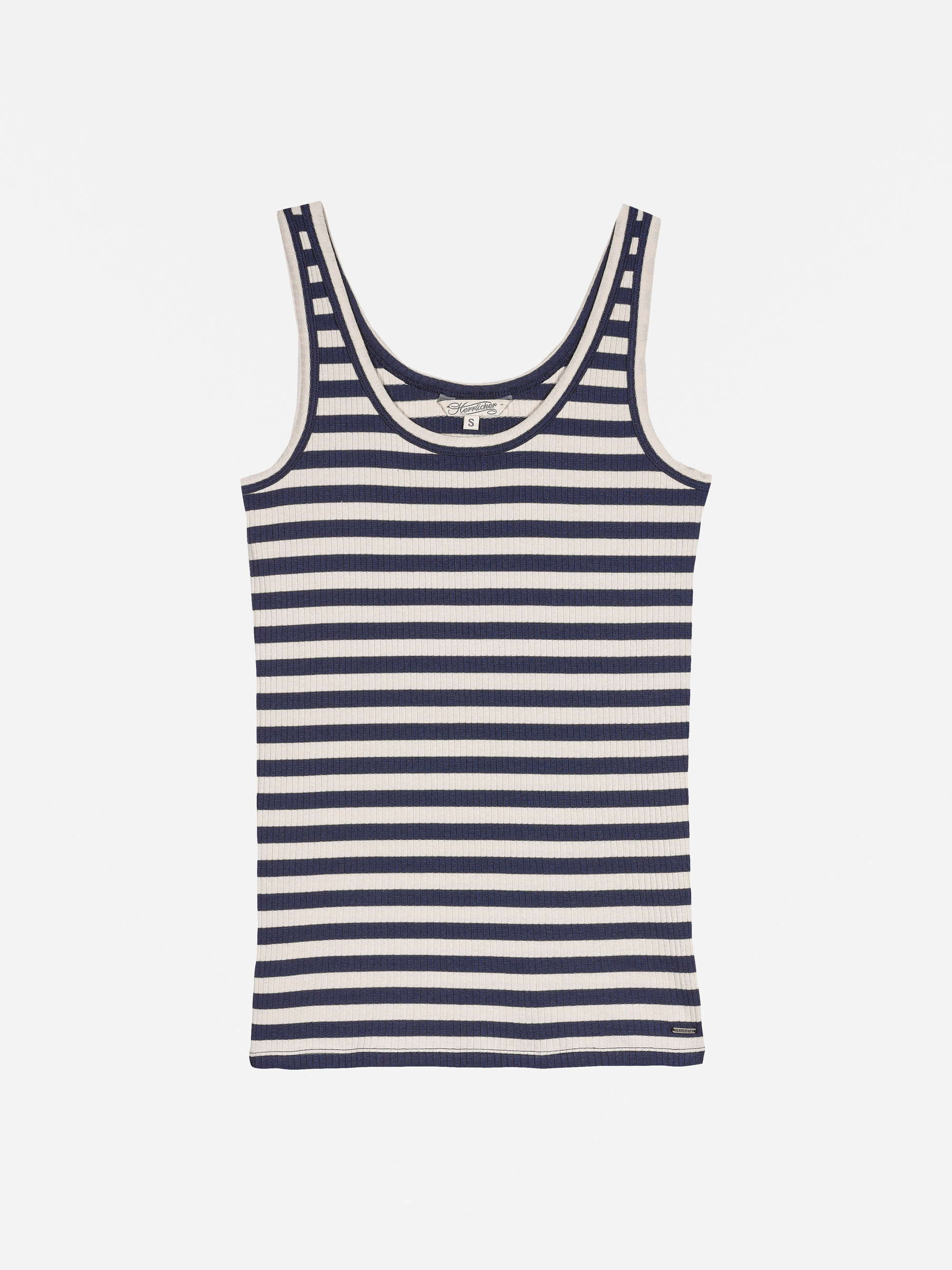 Ärmelloses Tank-Top mit marineblauen und weißen Querstreifen, gerippter Struktur, Rundhalsausschnitt und geradem Saum auf einfarbig weißem Hintergrund.