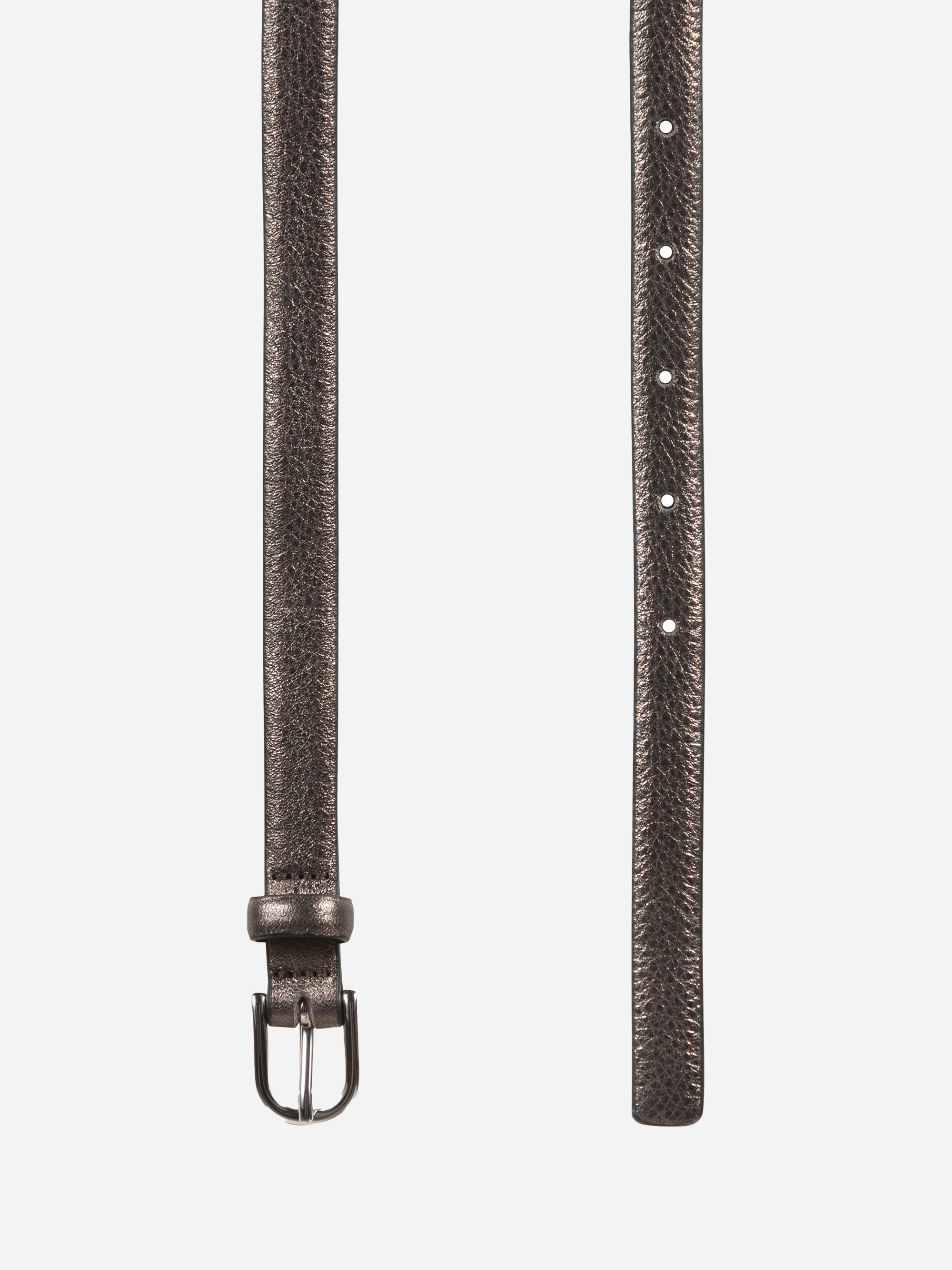 Ein metallisch strukturierter Ledergürtel mit einer silbernen Schnalle wird flach hingelegt gezeigt; eine Ansicht zeigt das Schnallenende, die andere den Riemen mit mehreren Löchern zur Größeneinstellung.