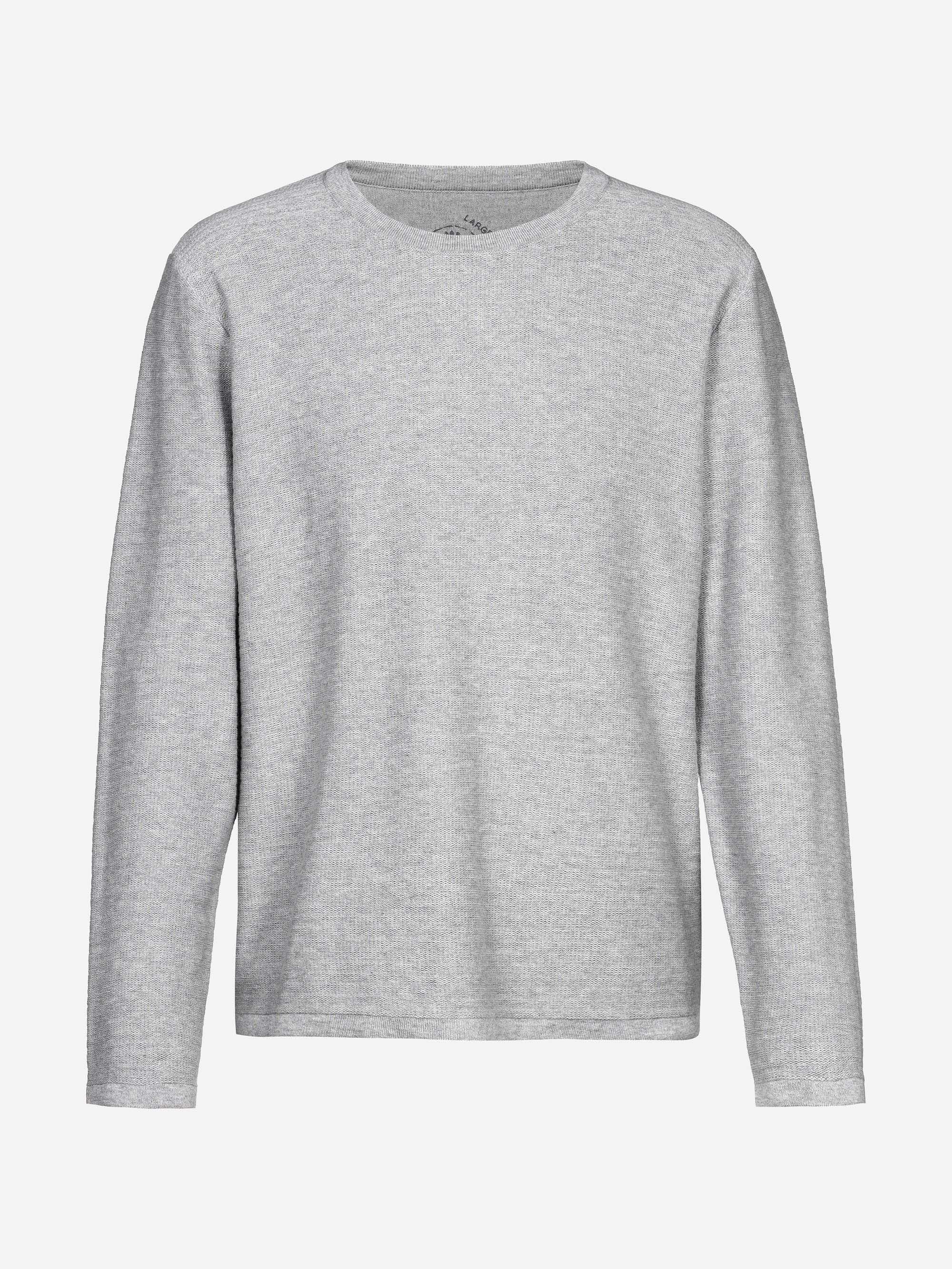 Ein schlichter, langärmeliger, hellgrauer Pullover mit Rundhalsausschnitt auf weißem Hintergrund.