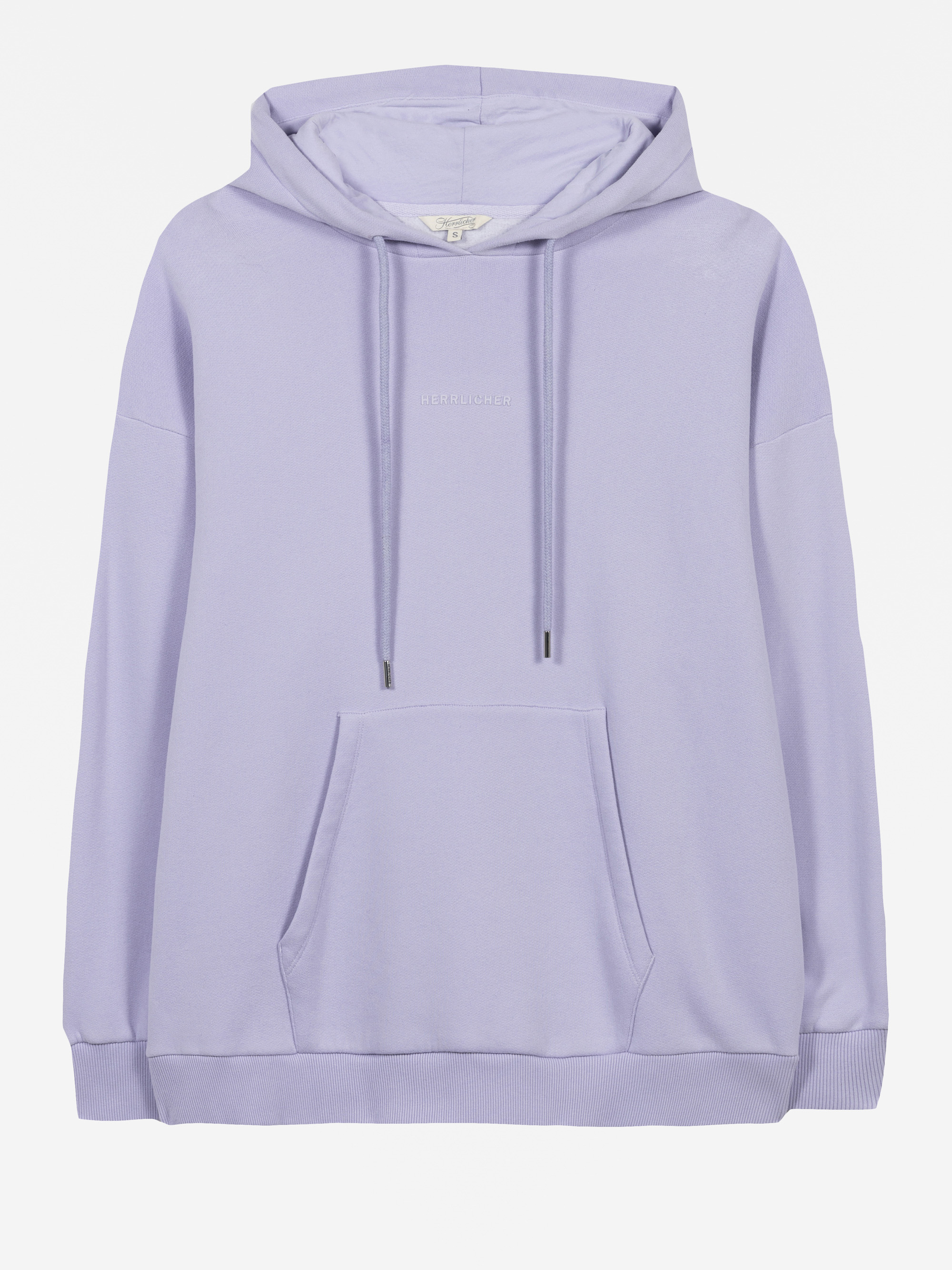 Ein hellviolettes Kapuzensweatshirt mit Vordertasche, Kordelzug und dezenten Rippbündchen an Ärmeln und Saum auf weißem Hintergrund.
