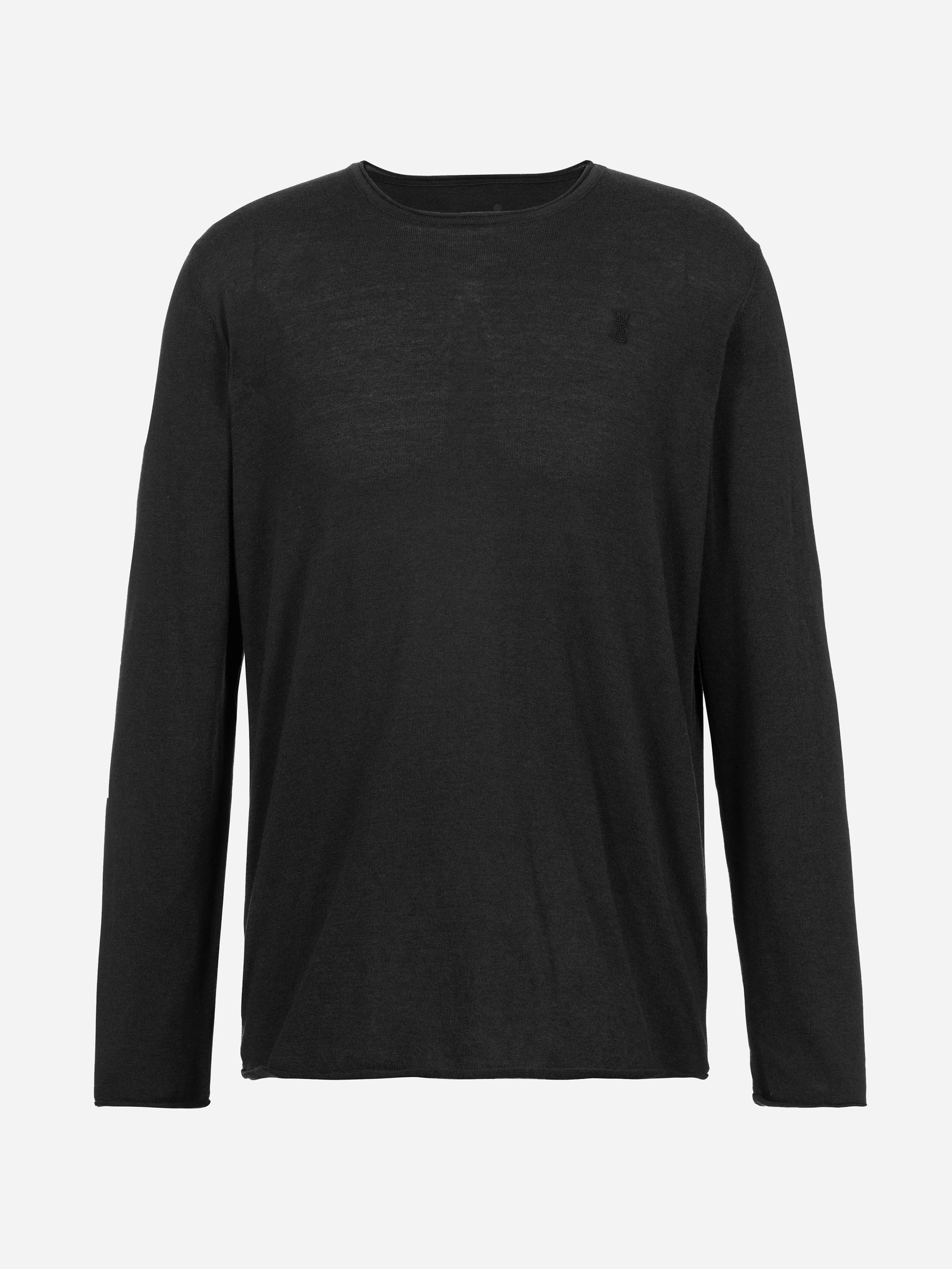 Ein schlichtes, schwarzes, langärmeliges Shirt mit Rundhalsausschnitt wird vor einem weißen Hintergrund gezeigt. Das Shirt hat eine lockere Passform ohne sichtbare Muster oder Logos.