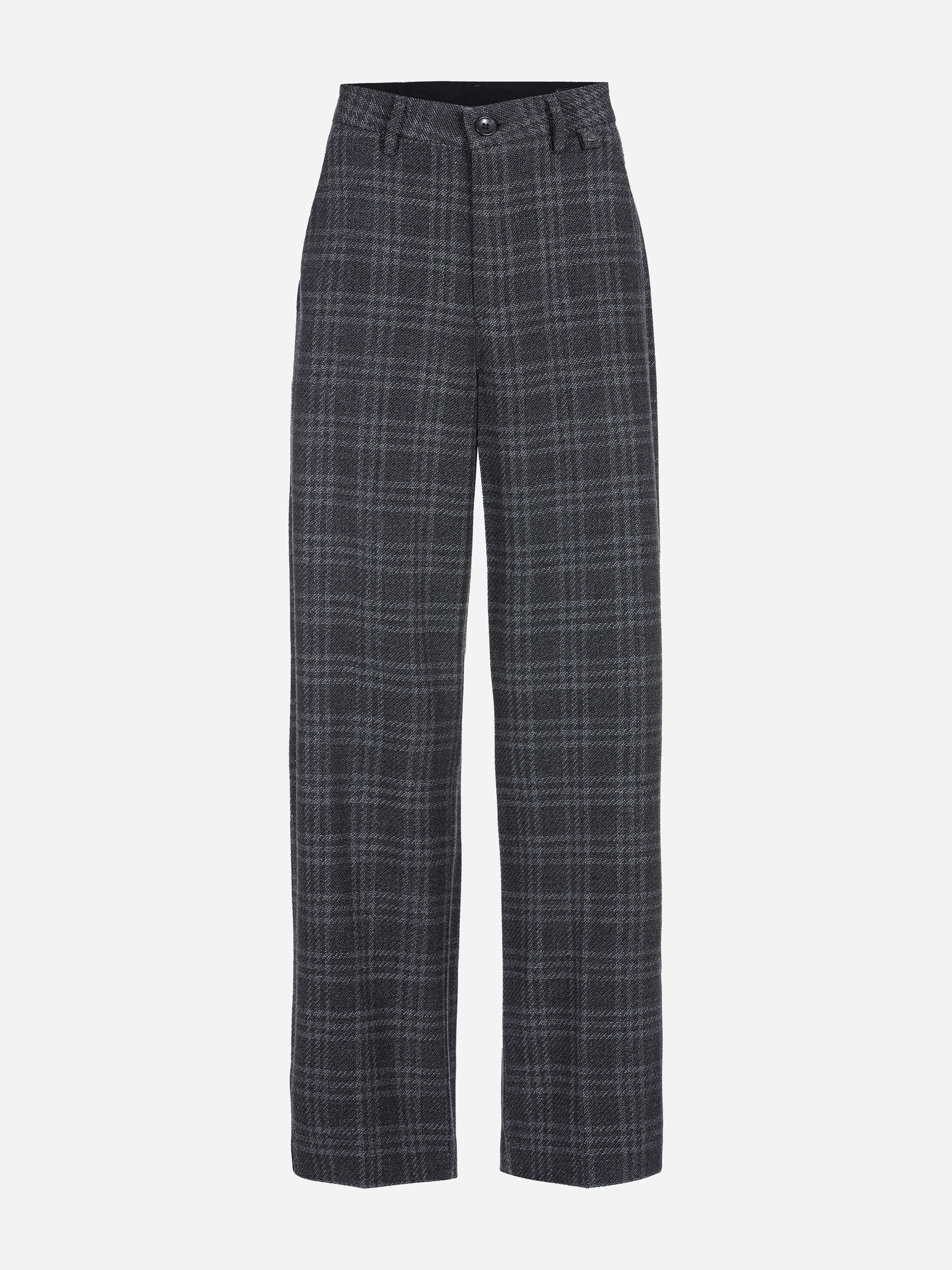 Hose mit hoher Taille und weitem Bein, grau-schwarzem Karomuster, Seitentaschen, Knopf- und Reißverschluss vorne und weißem Hintergrund.