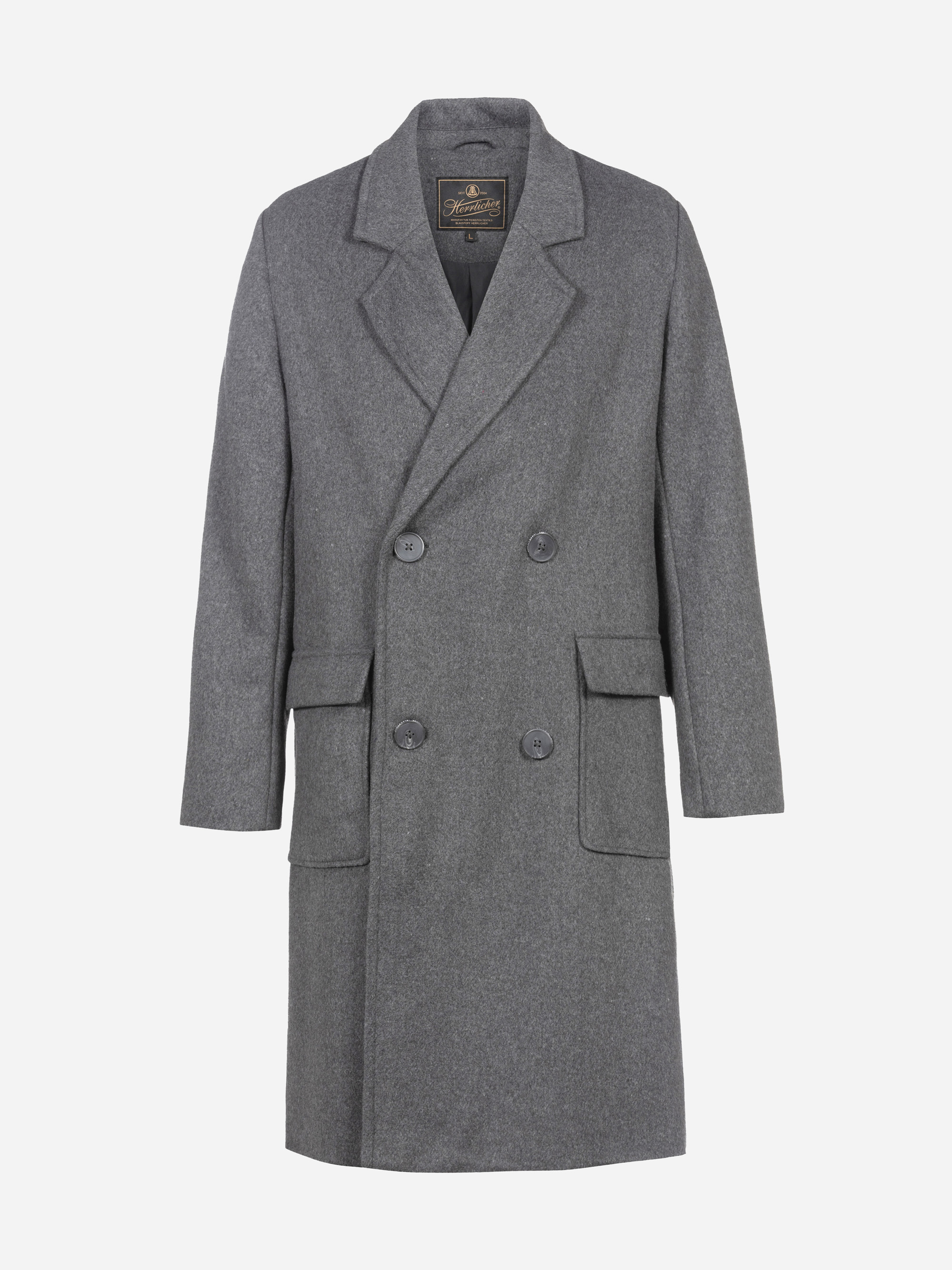 Grauer doppelreihiger Wollmantel mit gekerbtem Revers, zwei Klappentaschen und zwei Knopfreihen auf weißem Grund.