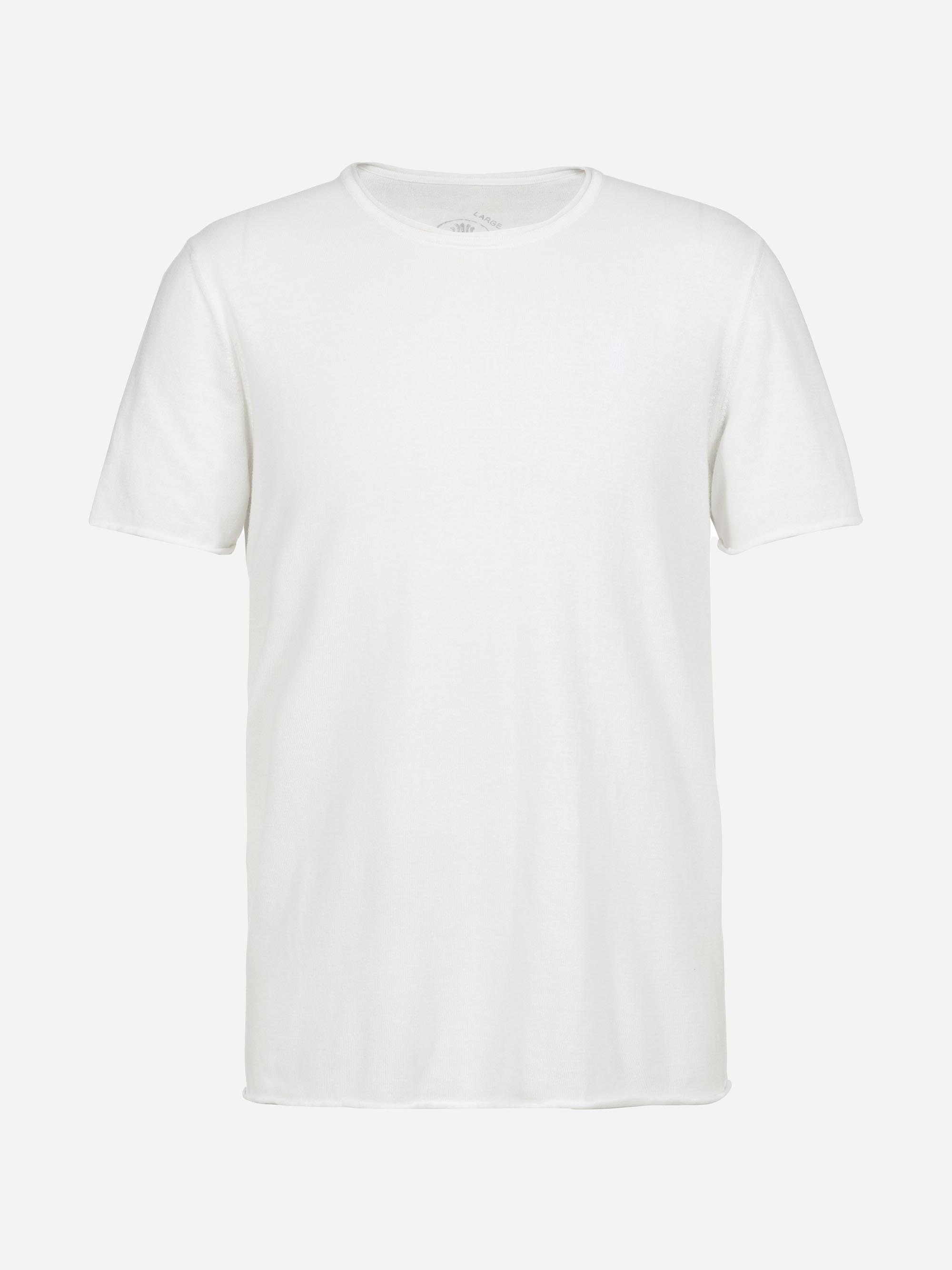 Ein schlichtes weißes, kurzärmeliges T-Shirt mit Rundhalsausschnitt auf hellgrauem Hintergrund.