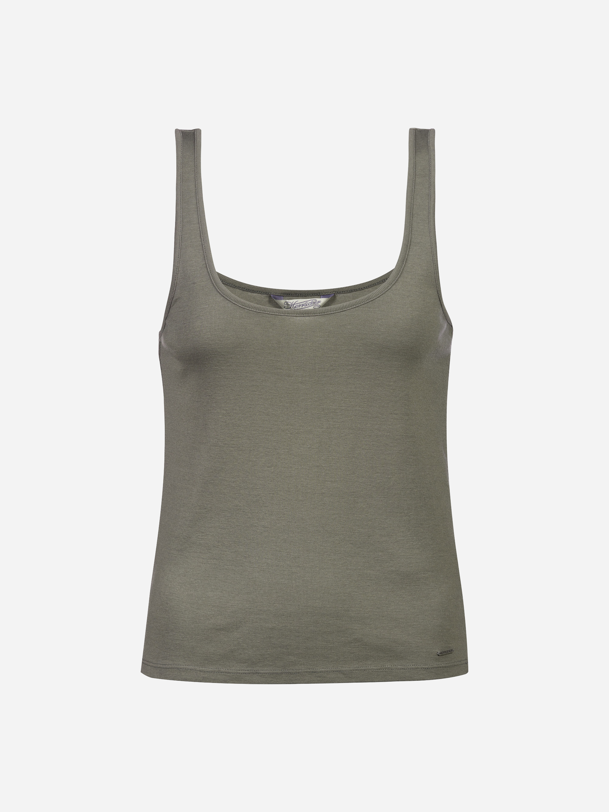 Ein schlichtes olivgrünes Tank-Top mit Rundhalsausschnitt auf weißem Hintergrund.