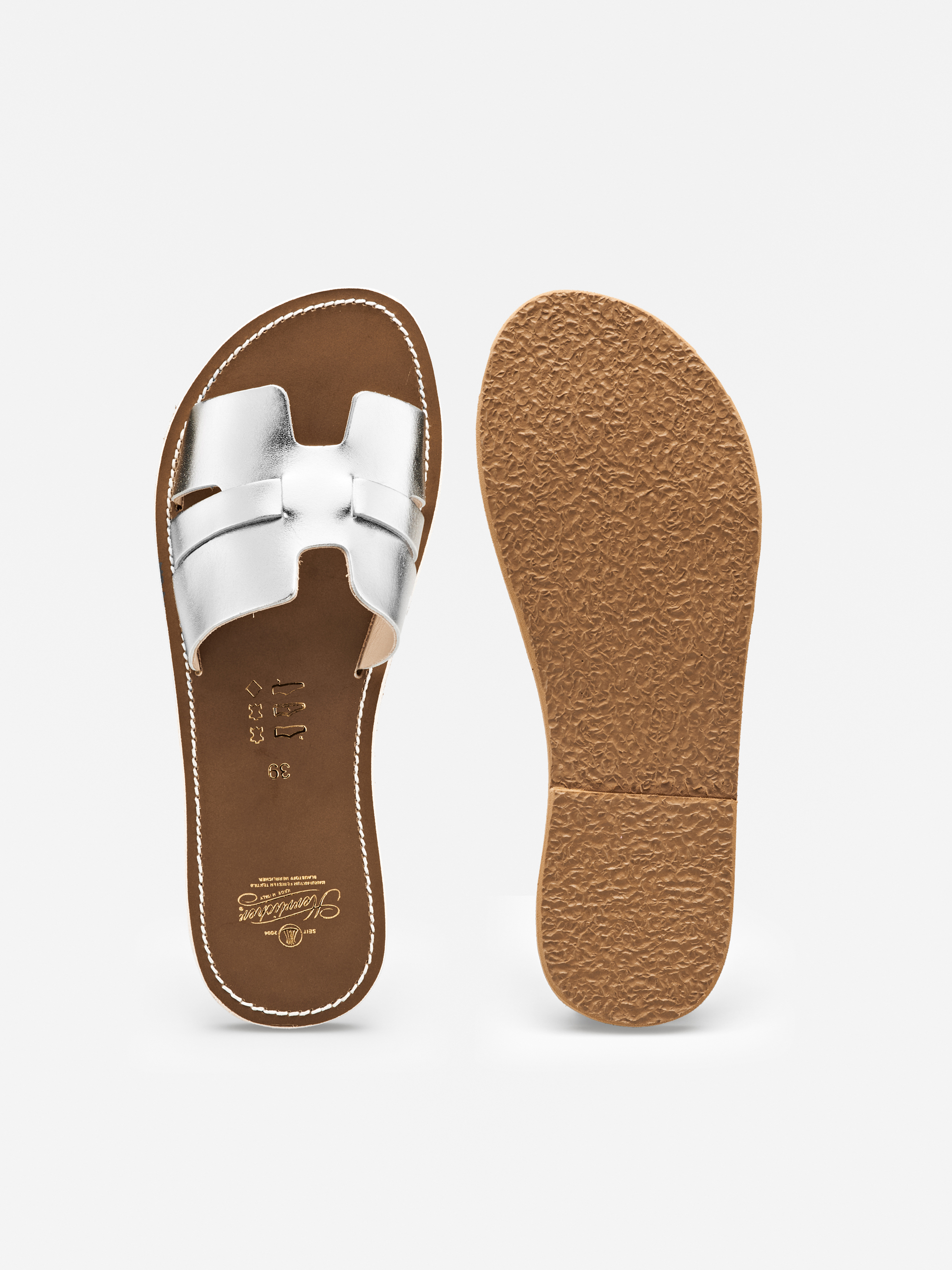 Ein Paar flache Sandalen mit brauner Sohle und silbernen Metallic-Riemen. Die eine Sandale ist von oben gezeigt und zeigt das Riemenmuster, die andere von unten, was die strukturierte Sohle zeigt.