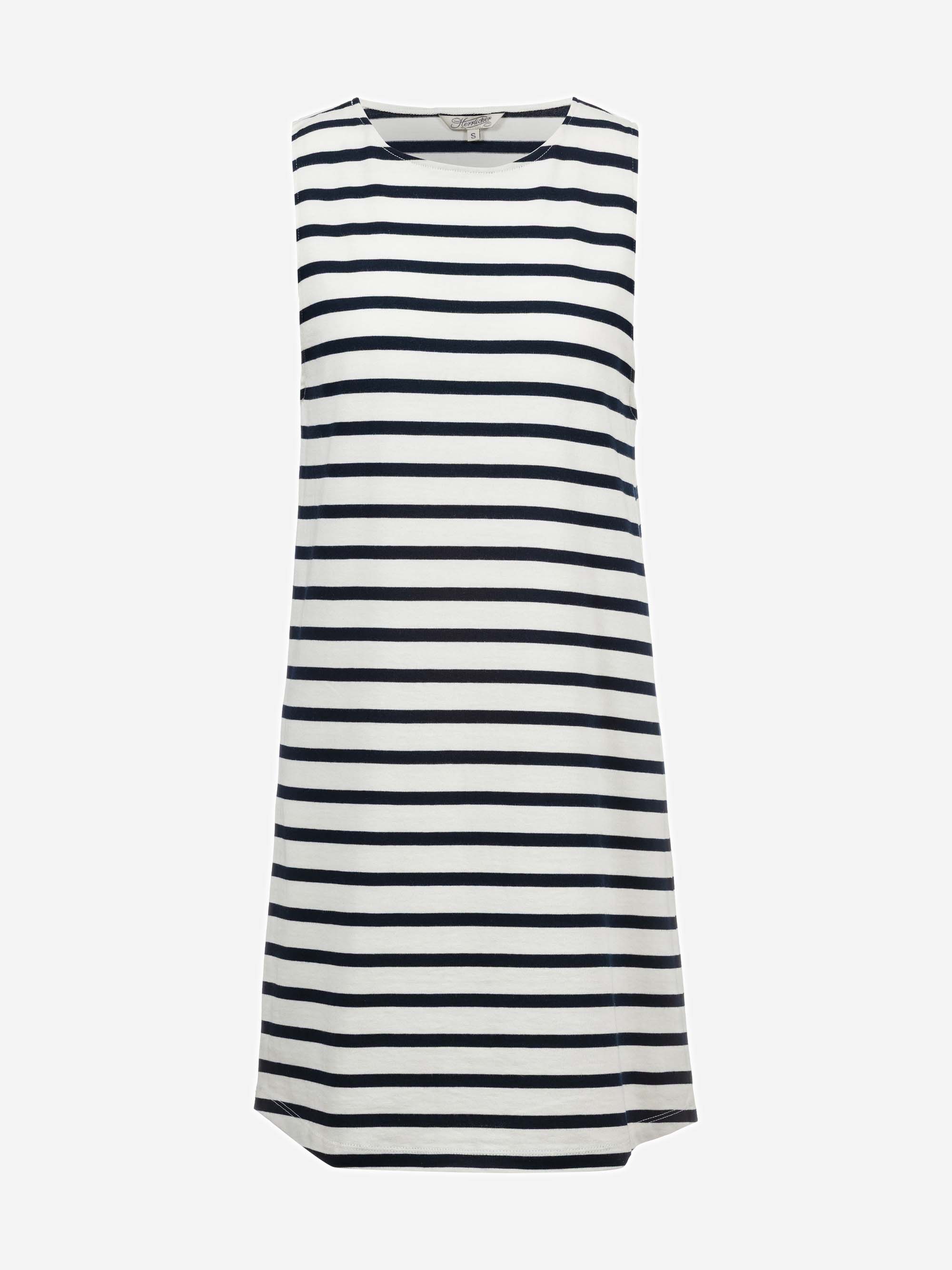 Ärmelloses, knielanges Kleid mit horizontalen schwarzen und weißen Streifen auf unifarbenem Grund, mit Rundhalsausschnitt und lockerer Passform.