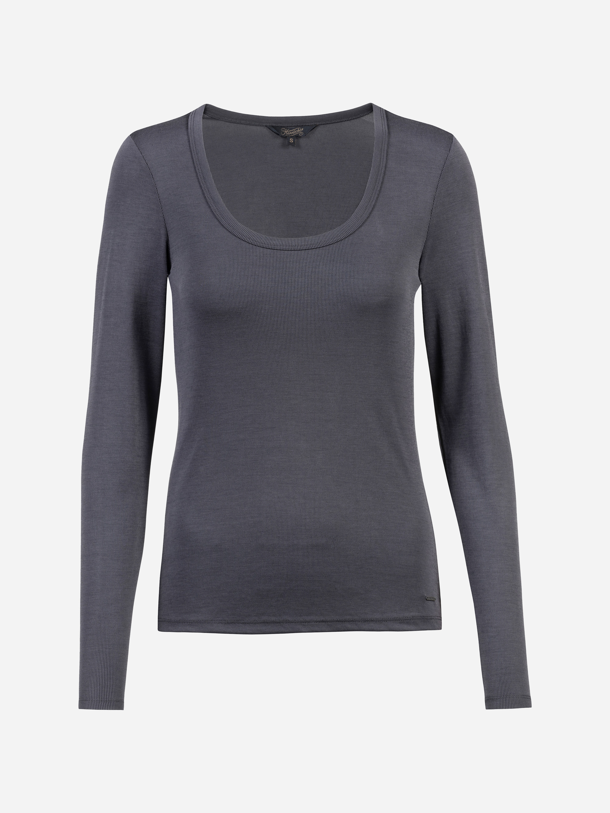 Ein durchsichtiges, langärmeliges Oberteil mit Rundhalsausschnitt in Dunkelgrau auf einem schlichten weißen Hintergrund.