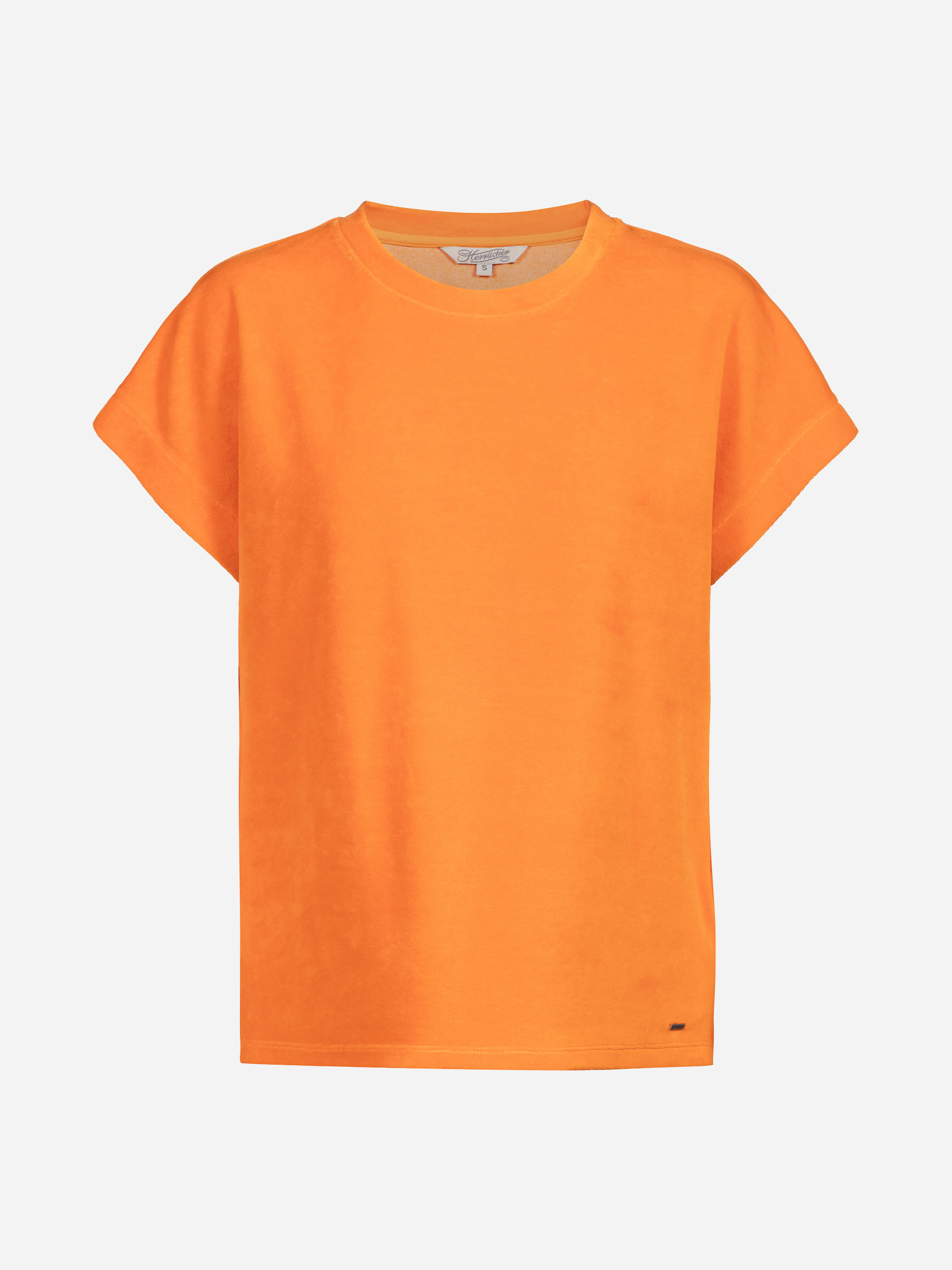 Leuchtend orangefarbenes Kurzarm-T-Shirt auf einfarbig weißem Grund, von vorne mit einfachem Rundhalsausschnitt und lockerer Passform.
