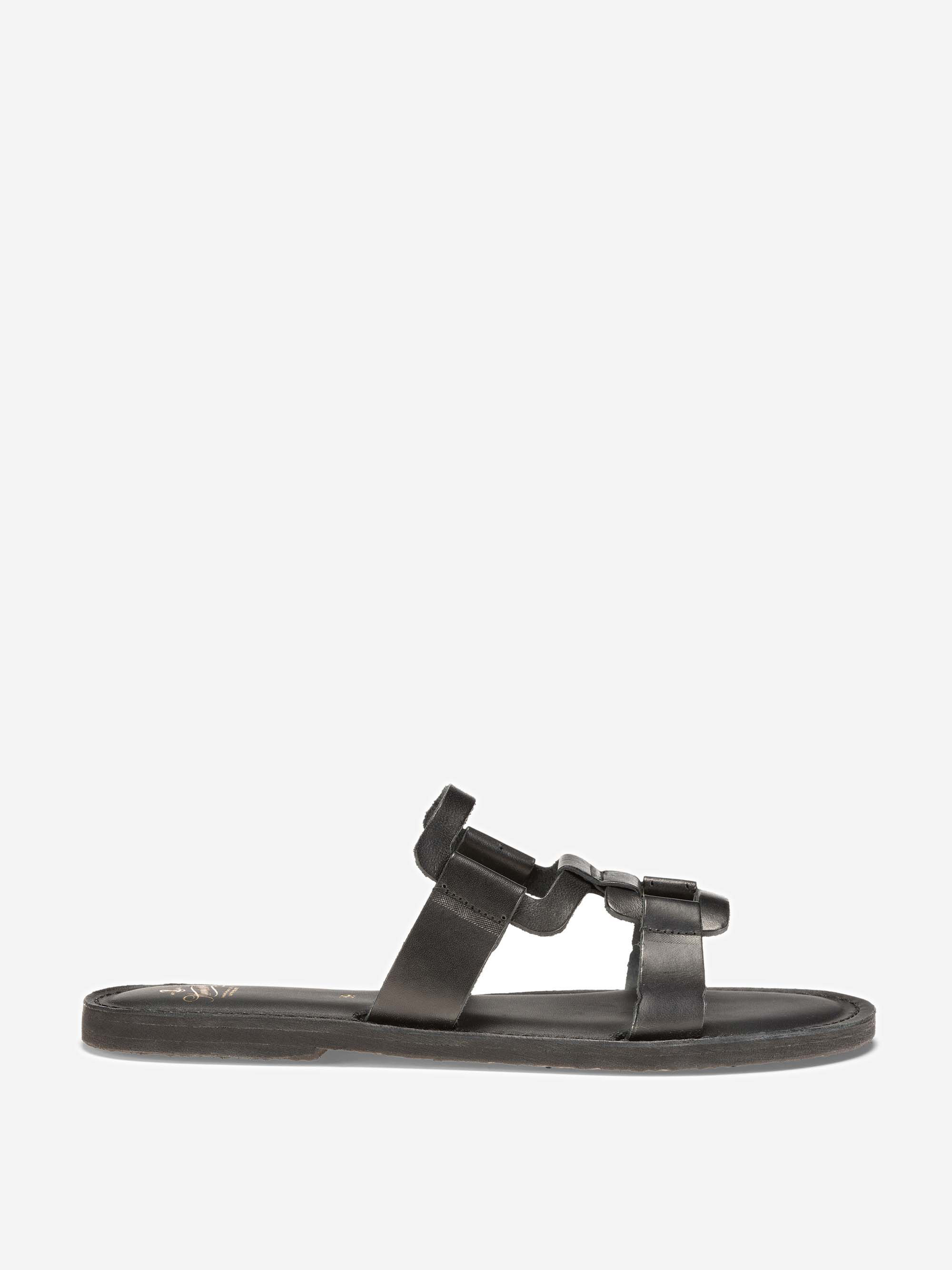 Schwarze, flache Sandale mit minimalistischem Design, zwei breiten Lederriemen und einem dekorativen, kettenähnlichen Detail auf der Oberseite, dargestellt in einer Seitenansicht auf weißem Hintergrund.
