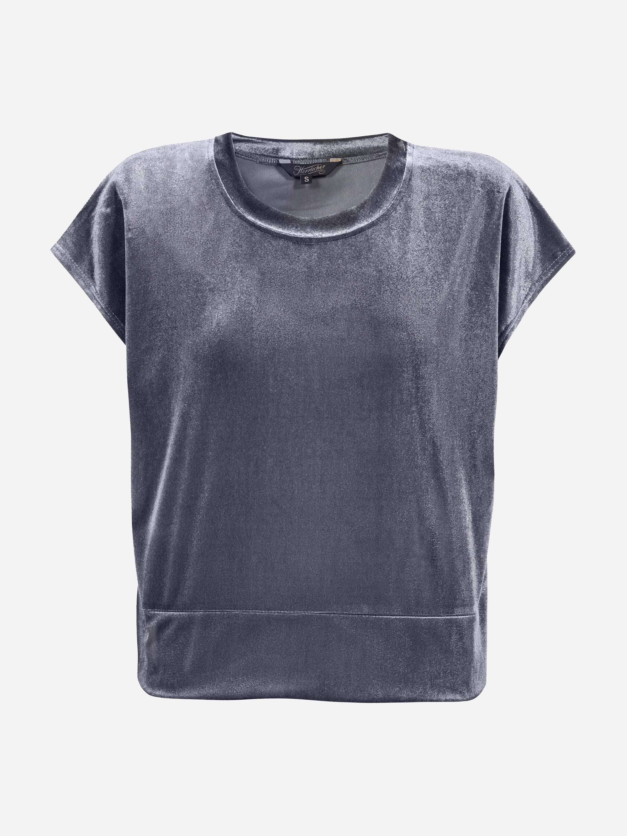 Kurzärmeliges, locker sitzendes Oberteil aus metallgrauem Samt mit rundem Halsausschnitt und breitem Saum auf weißem Hintergrund.