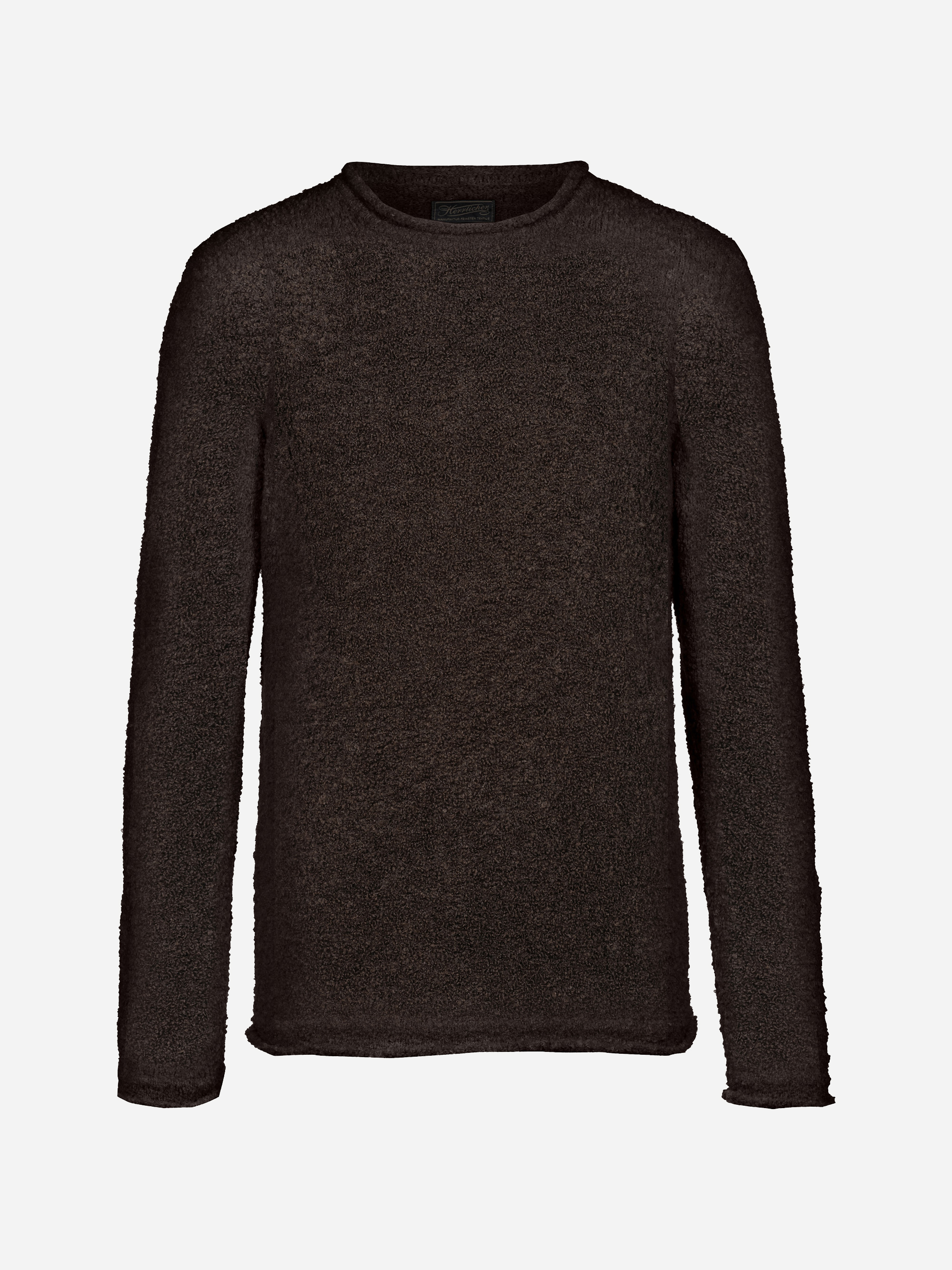 Auf einem schlichten weißen Hintergrund ist ein dunkelbrauner, strukturierter Pullover mit Rundhalsausschnitt und langen Ärmeln abgebildet.