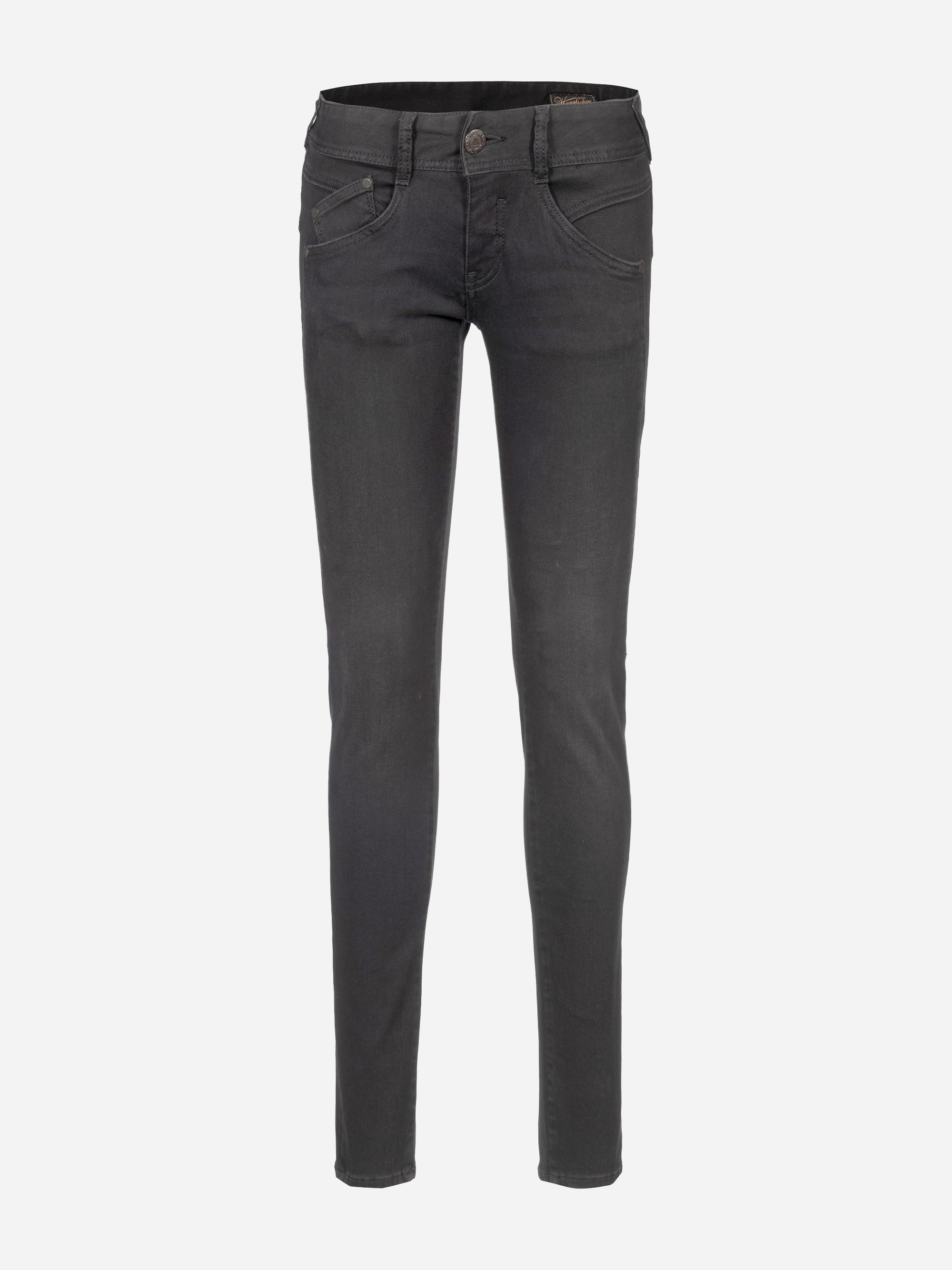 Eine schwarze Skinny-Jeans, abgebildet vor einem schlichten weißen Hintergrund. Die Jeans hat ein klassisches Fünf-Taschen-Design mit Reißverschluss und Knopfverschluss.