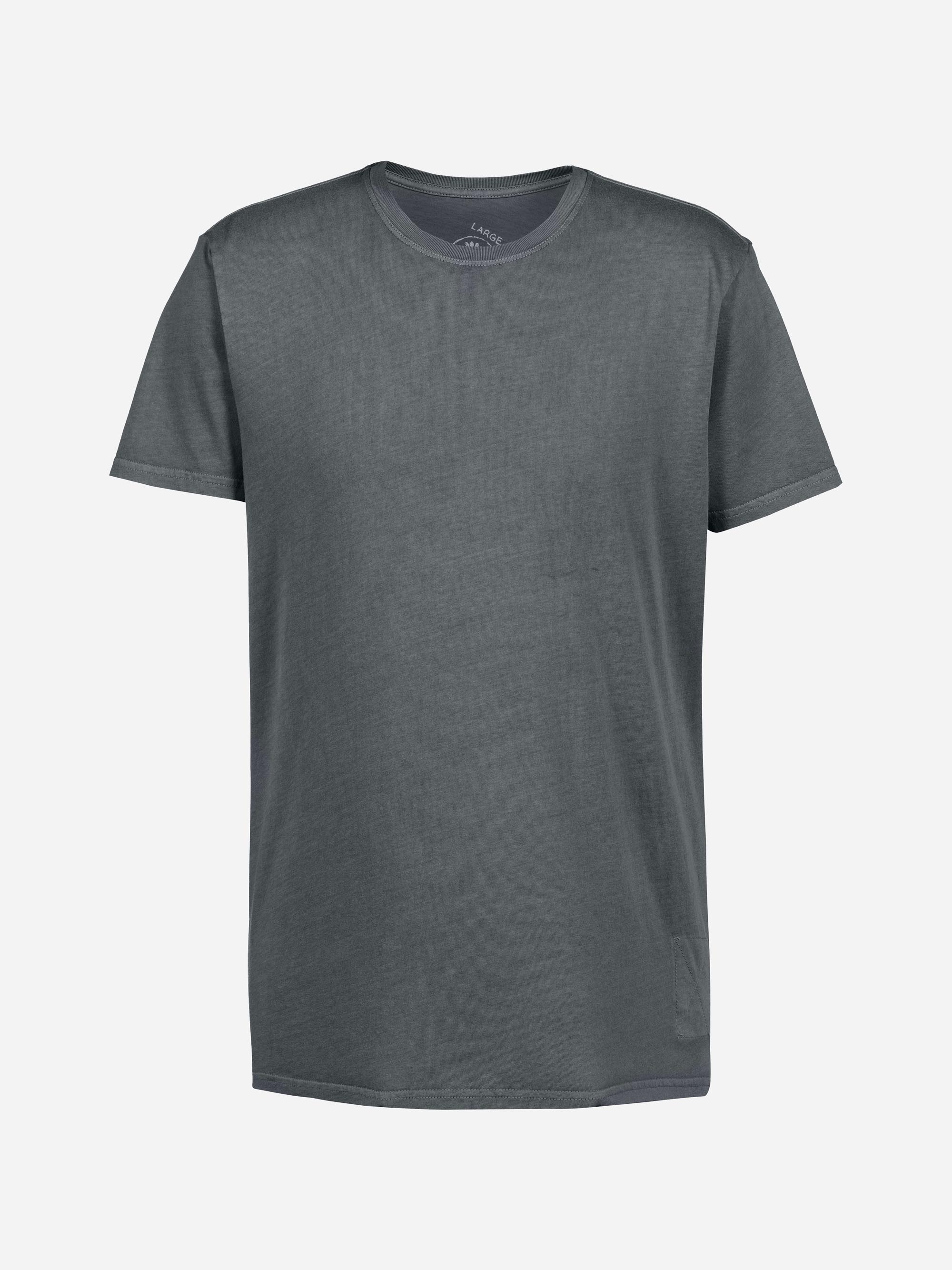 Ein schlichtes, kurzärmeliges T-Shirt mit Rundhalsausschnitt in einer einfarbigen, dunkelgrauen Farbe vor einem hellgrauen Hintergrund.