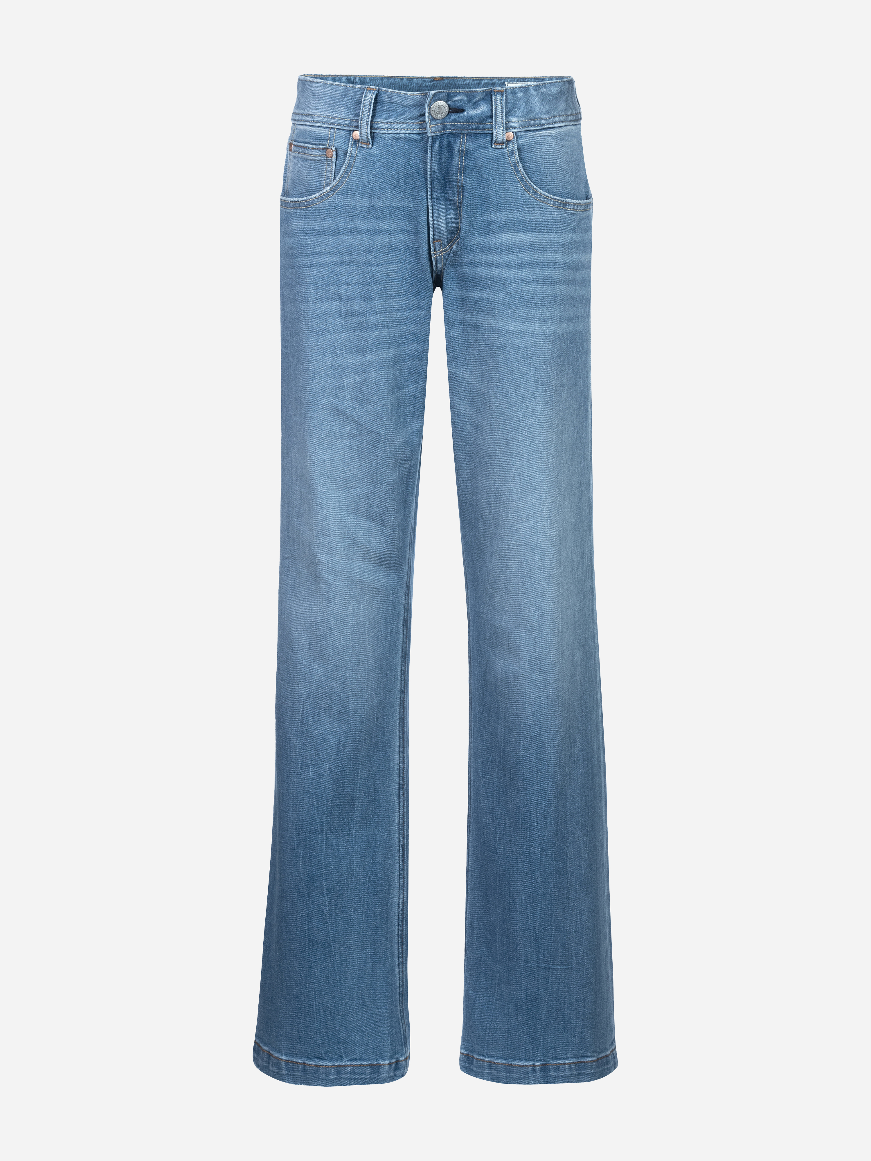 Hellblaue Jeans mit hoher Taille und weitem Bein, mit Vorder- und Gesäßtaschen, Knopf- und Reißverschluss und dezenter Bleichung an den Oberschenkeln.