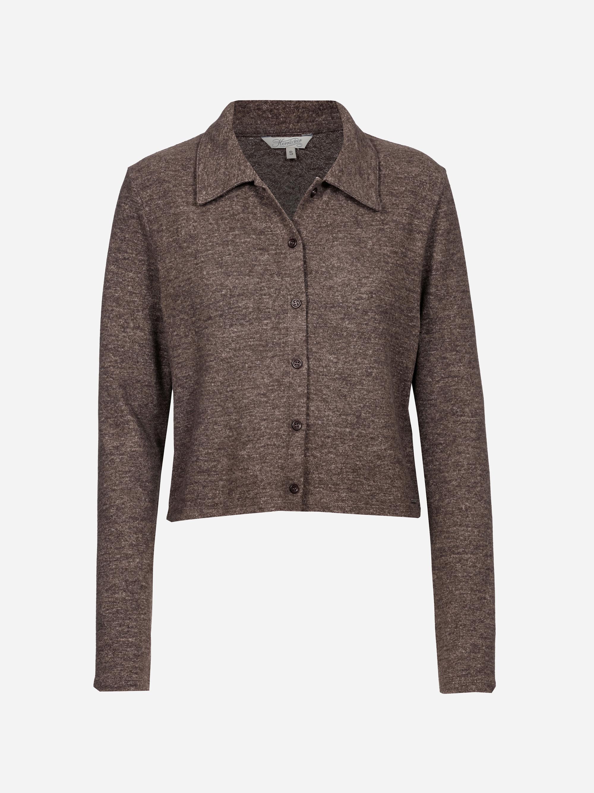 Langärmelige, geknöpfte Strickjacke aus braunem Heathered-Strick, mit spitzem Kragen und lockerer Passform.