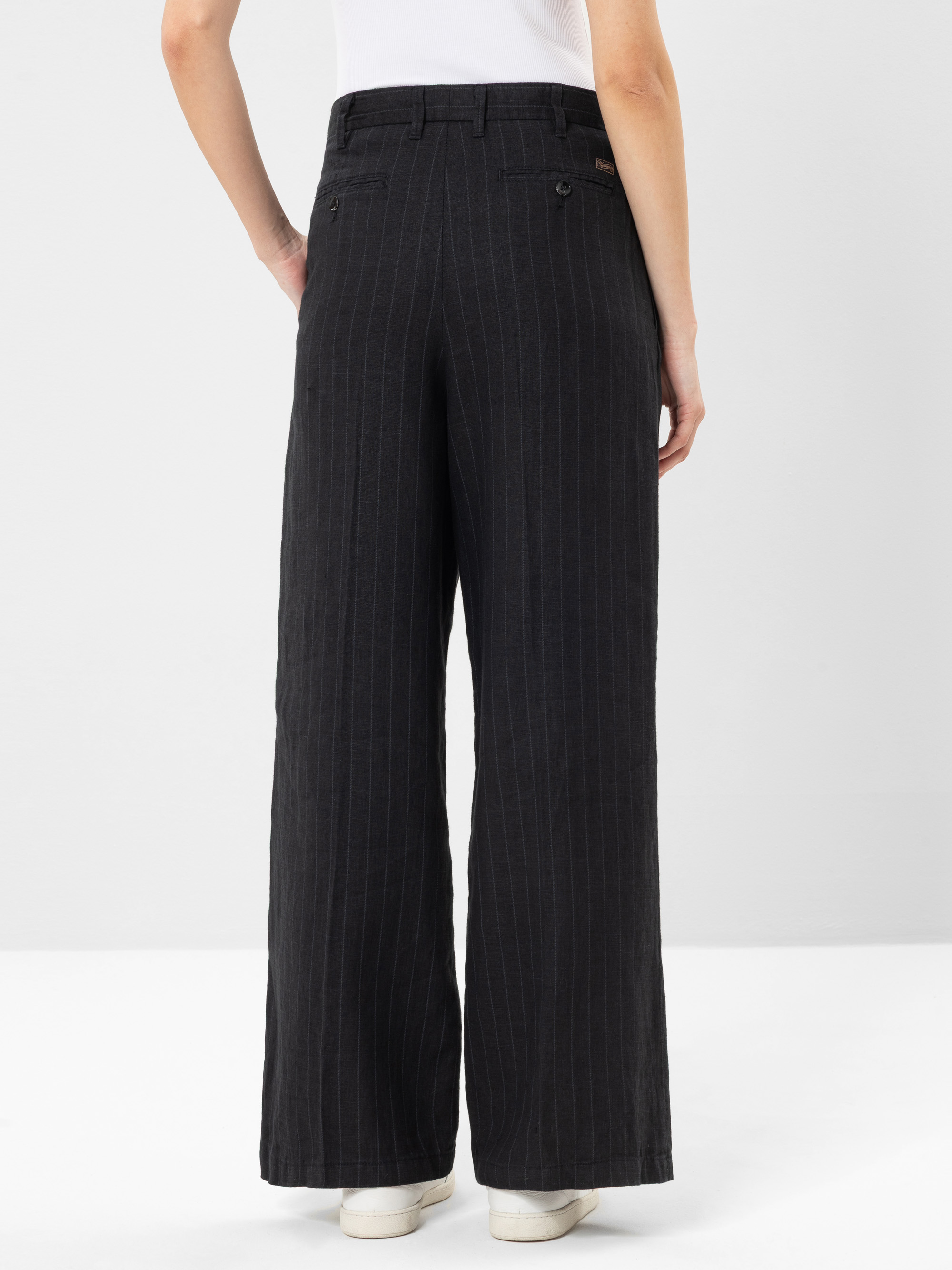 Eine Person trägt ein weißes Oberteil und eine schwarze Nadelstreifenhose mit hoher Taille und weitem Bein, von hinten gesehen. Die Hose hat Gesäßtaschen mit Knöpfen und die Person steht vor einem schlichten hellen Hintergrund.