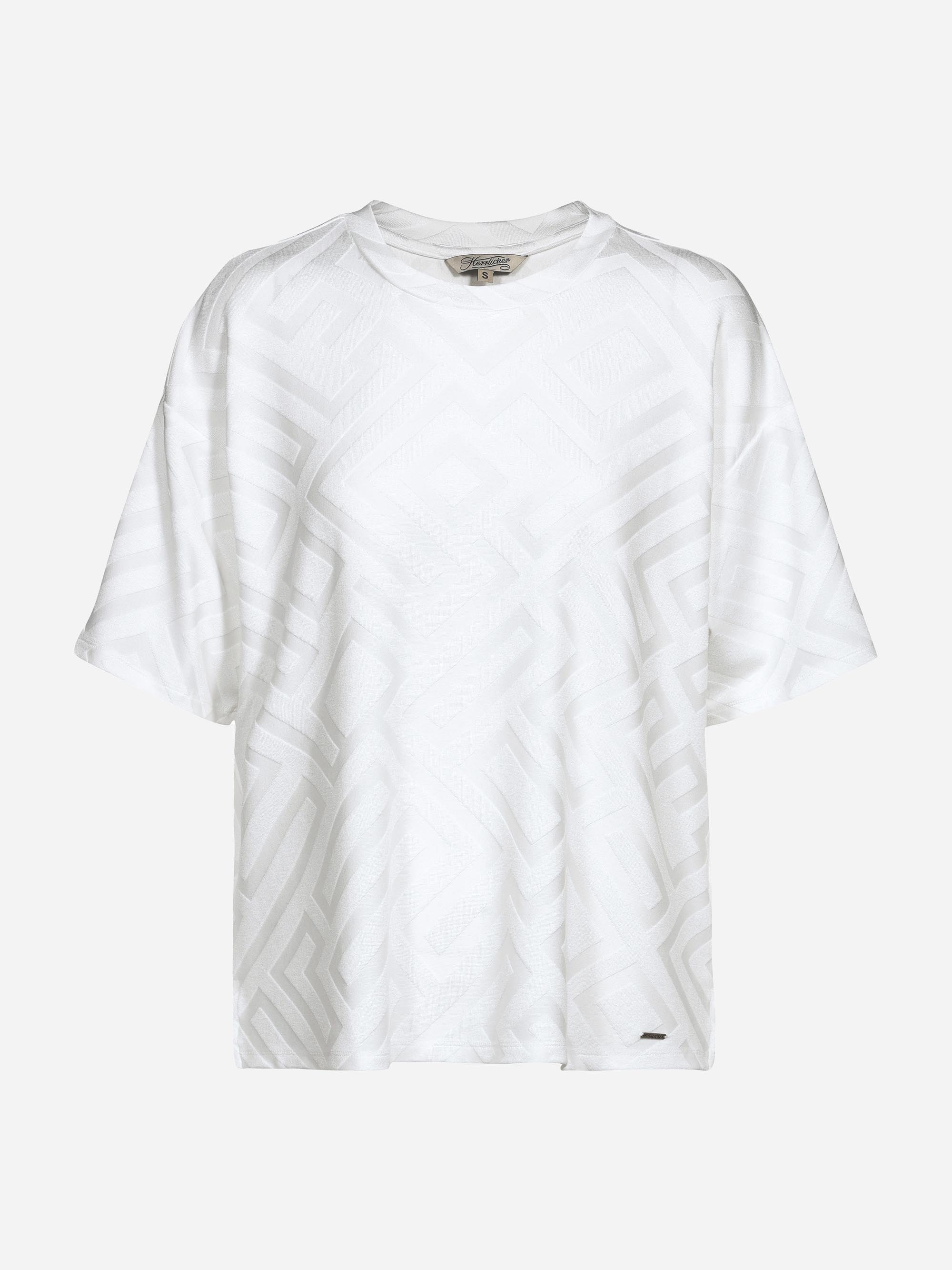 Weißes, kurzärmeliges T-Shirt mit dezentem geometrischem Muster auf hellem, schlichtem Hintergrund.