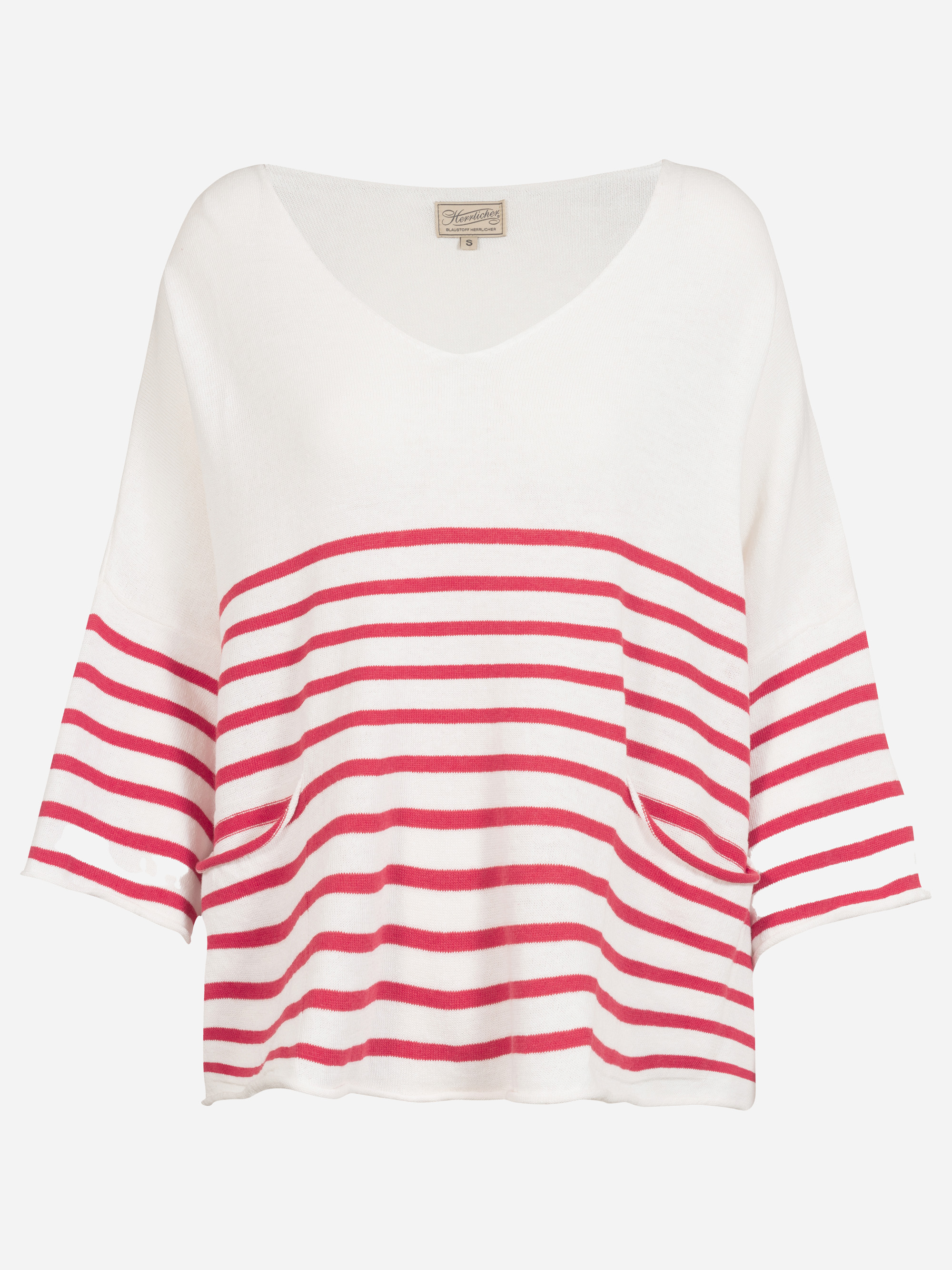 Weißer, locker sitzender Pullover mit roten Querstreifen in der unteren Hälfte und an den Ärmeln, mit V-Ausschnitt und weiten, dreiviertellangen Ärmeln.