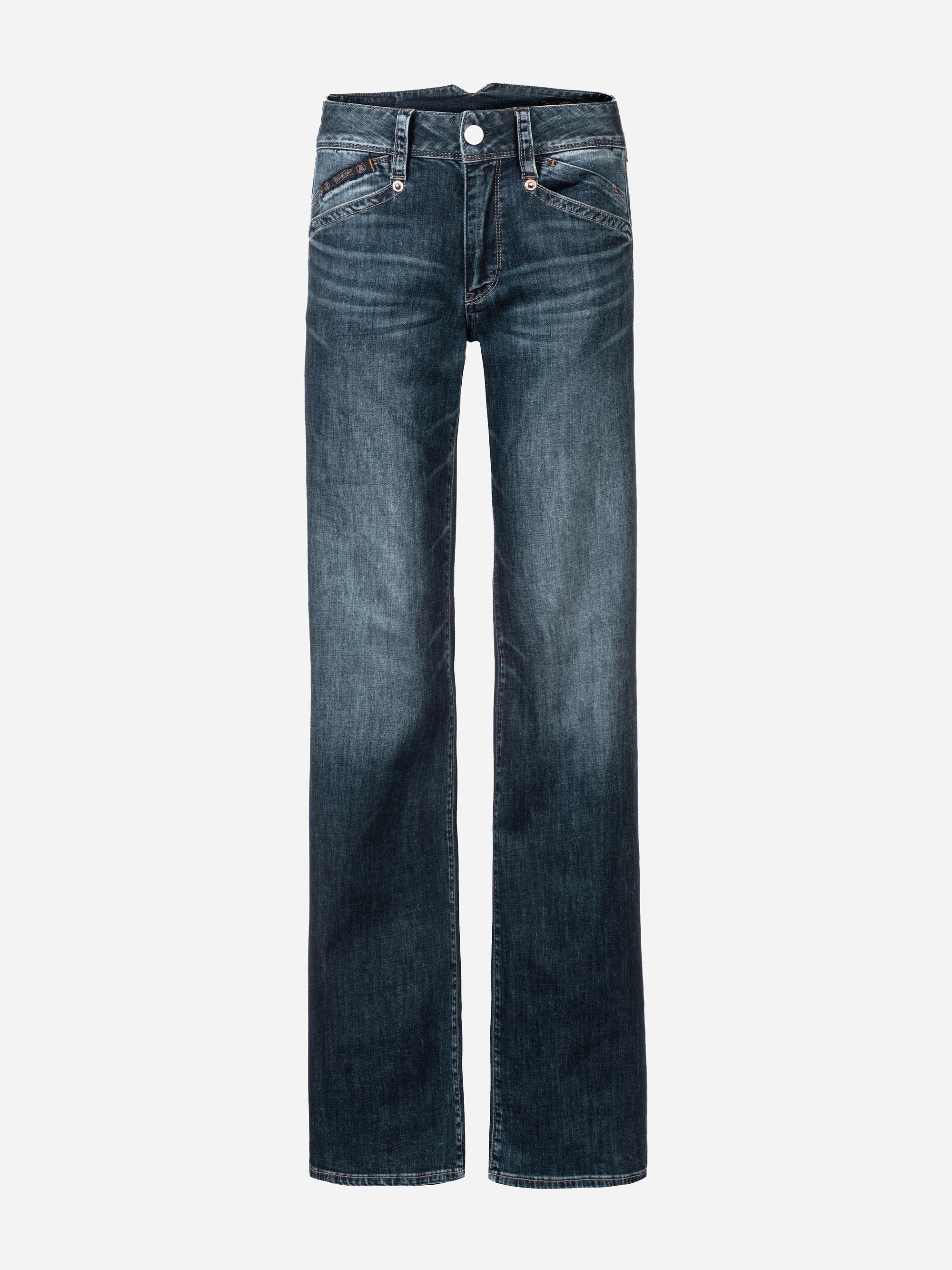 Dunkelblaue Denim-Jeans mit geradem Bein, Knopf- und Reißverschluss, Vorder- und Gesäßtaschen und dezenten verblichenen Details an den Oberschenkeln und Knien.