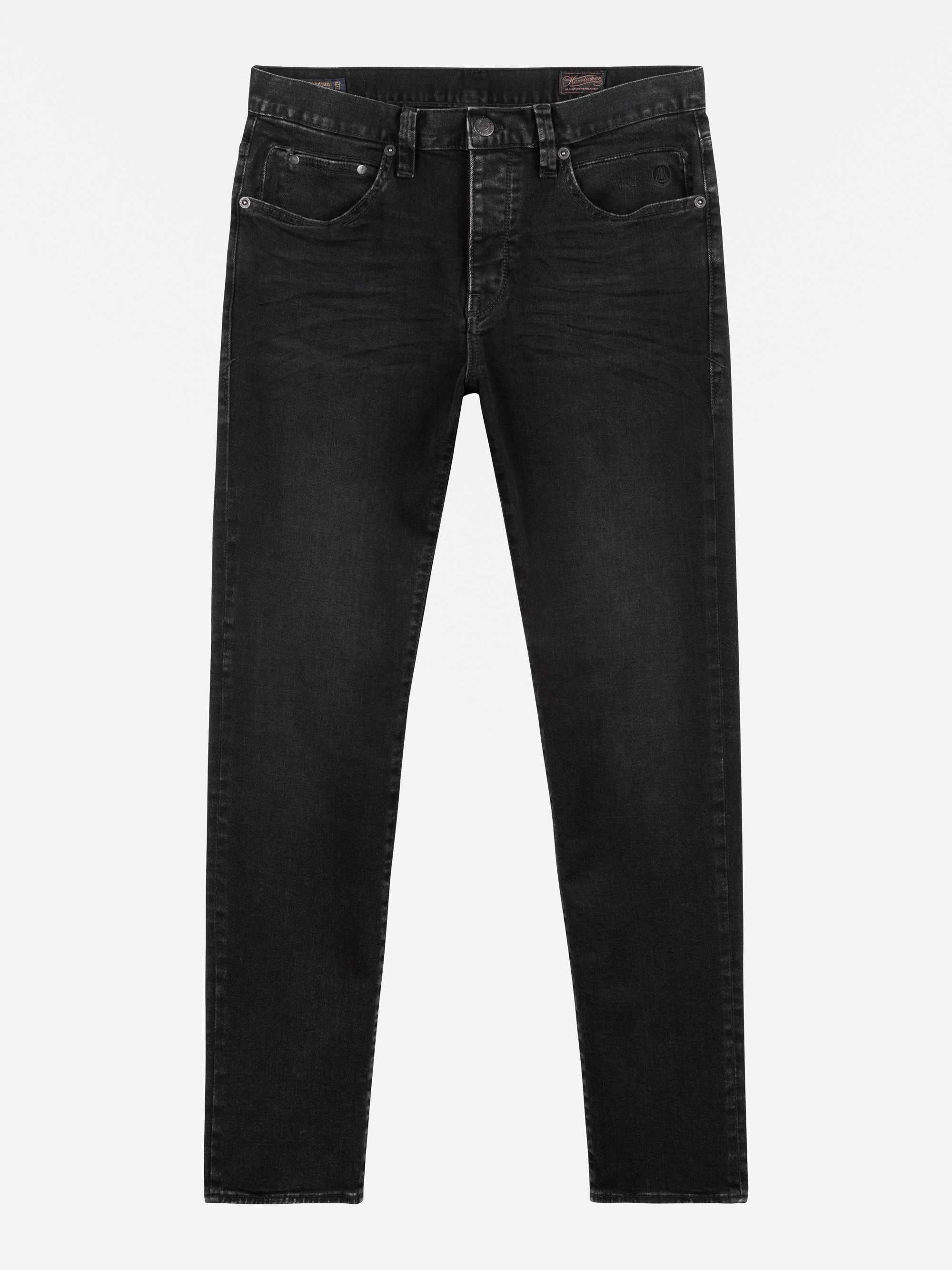 Schwarze Denim-Jeans mit schmaler Passform, Five-Pocket-Design und Knopfverschluss, flach auf weißem Hintergrund.