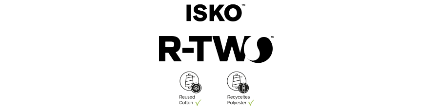 Schwarze ISKO- und R-TWO-Logos über Symbolen für wiederverwendete Baumwolle und recyceltes Polyester, jeweils mit einem Häkchen und entsprechendem Text darunter. Das Design suggeriert Nachhaltigkeit und umweltfreundliche Materialien.