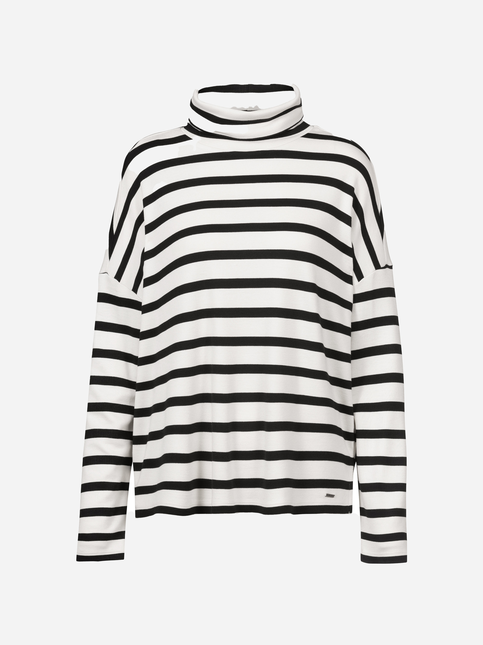 Ein langärmeliges, schwarz-weiß gestreiftes Rollkragenhemd vor einem schlichten weißen Hintergrund. Die Streifen sind horizontal und die Passform wirkt locker.