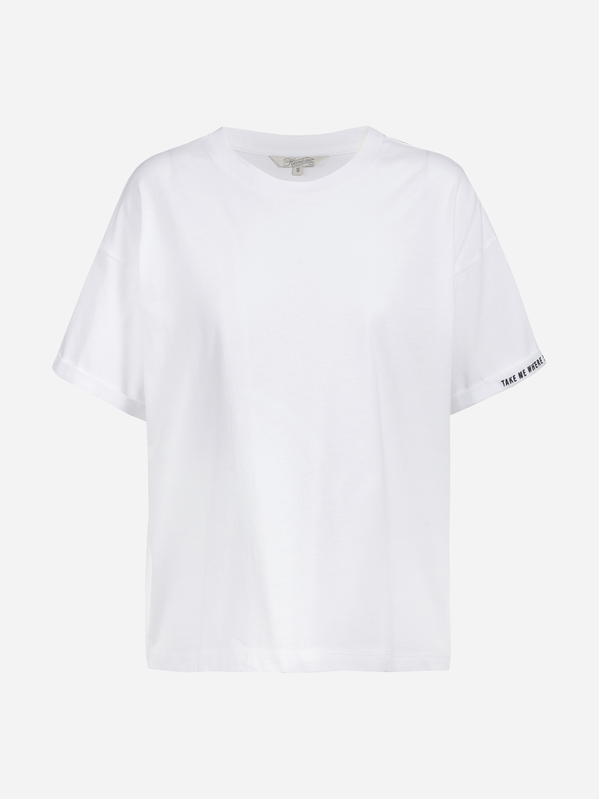 Schlichtes weißes T-Shirt mit kurzen Ärmeln und lockerer Passform. Auf dem linken Ärmel in der Nähe des Saums befindet sich ein kleiner schwarzer Text, der jedoch nicht vollständig sichtbar ist.