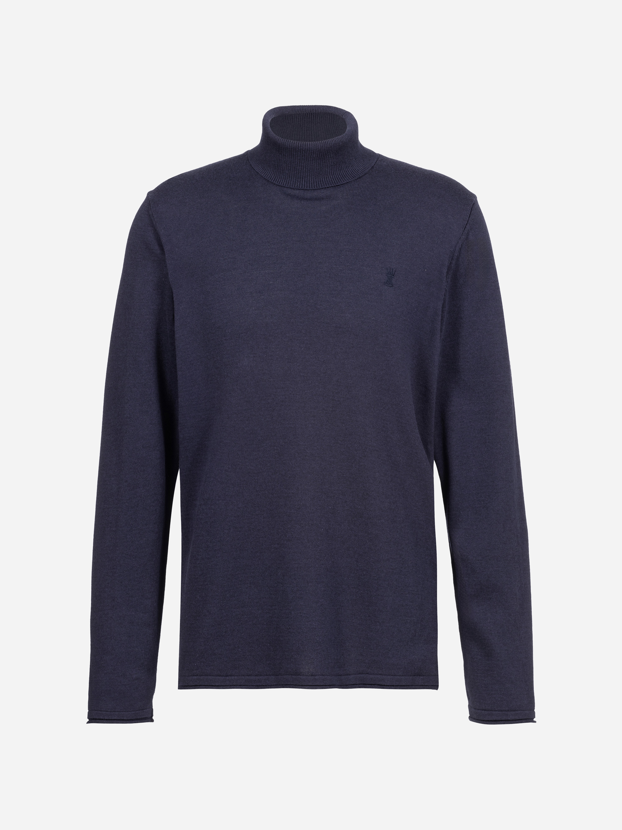 Ein schlichter, langärmeliger, dunkelnavyblauer Rollkragenpullover ist auf weißem Hintergrund abgebildet. Der Pullover hat ein einfaches, minimalistisches Design mit einem gerippten Kragen und Manschetten.