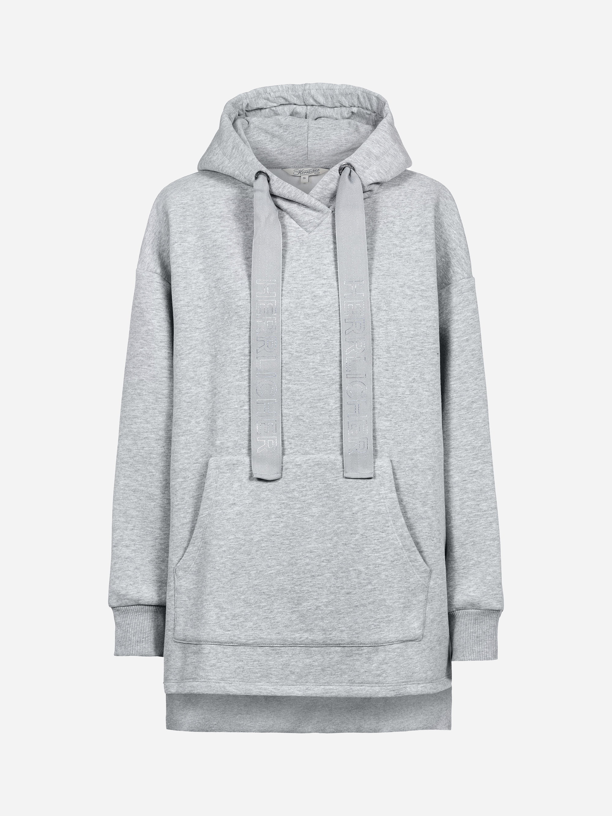 Hellgrauer, langärmeliger Kapuzenpullover mit Kängurutasche vorne, gerippten Bündchen, Kapuze mit Kordelzug und übergroßer Passform auf einfarbig weißem Hintergrund.