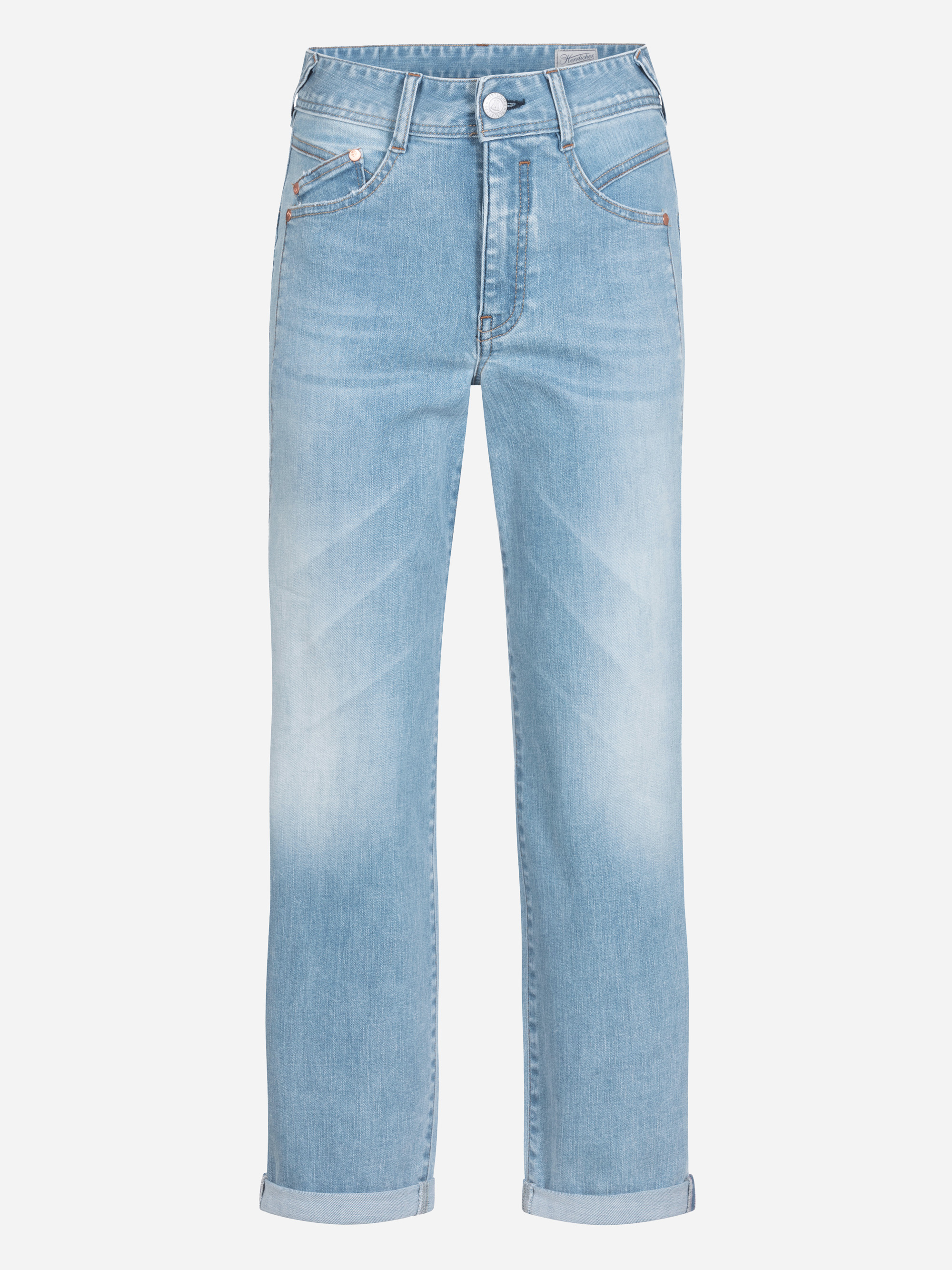Hellblaue Denim-Jeans mit hoher Taille, Vorder- und Gesäßtaschen, Gürtelschlaufen, Knopf- und Reißverschluss und aufgerollten Bündchen an den Knöcheln.