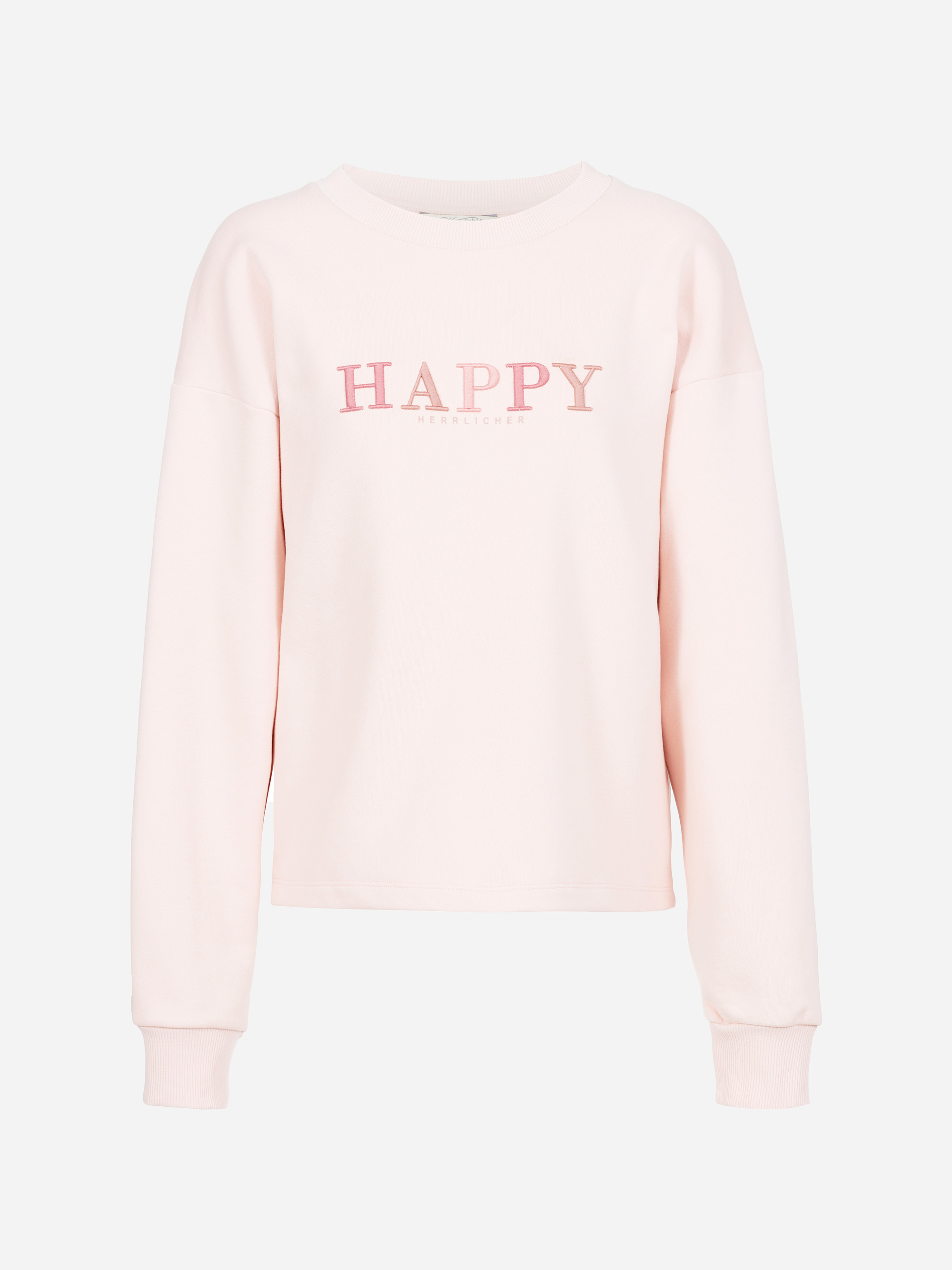 Hellrosa Sweatshirt mit langen Ärmeln und Rippbündchen. Das Wort HAPPY ist in großen, fetten rosa Buchstaben quer über die Brust gedruckt. Der Hintergrund ist einfarbig weiß.