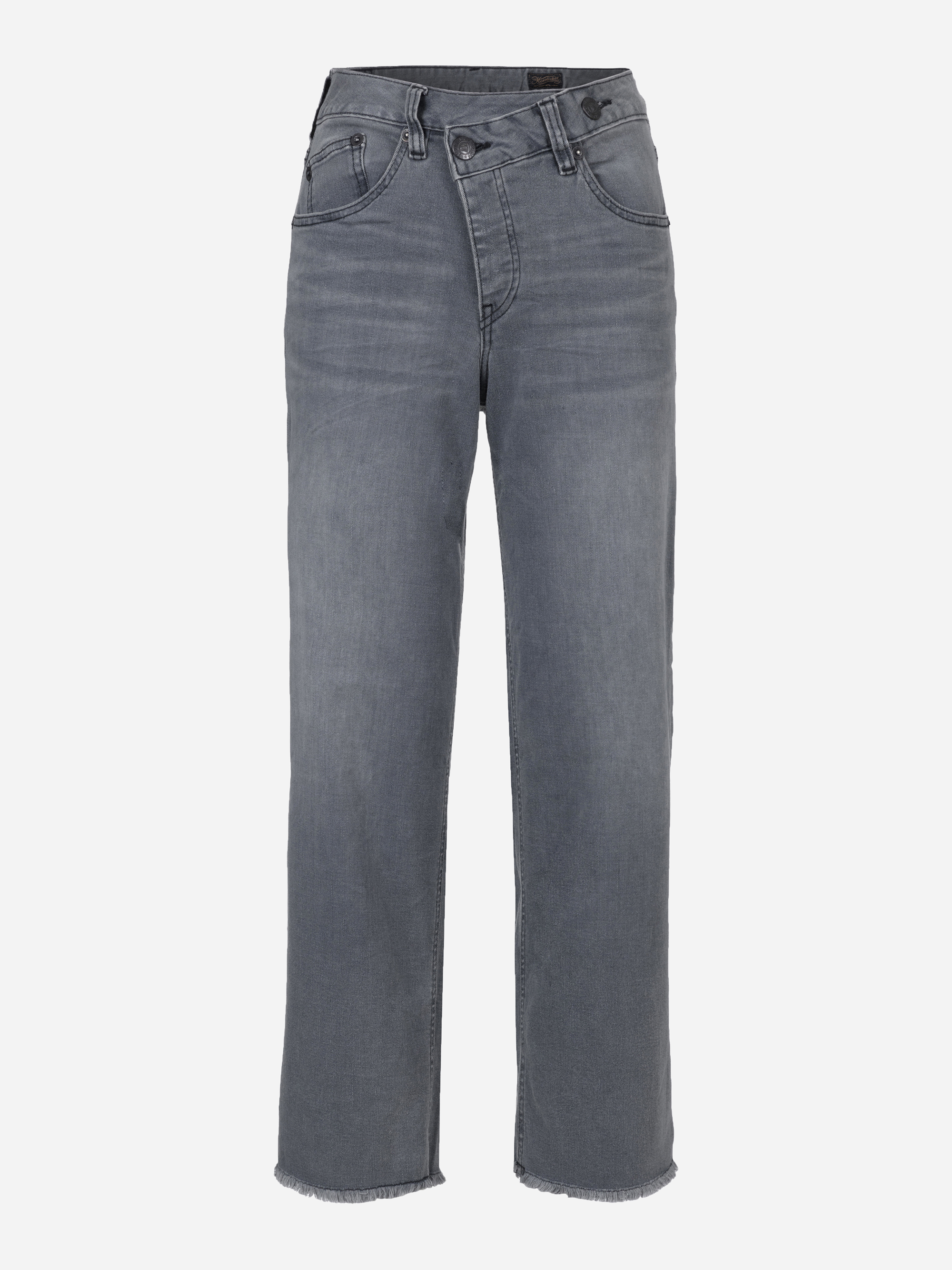 Ein Paar graue Jeans mit hoher Taille und geradem Bein, mit rohem, unbearbeitetem Saum und Taschen auf der Vorderseite, dargestellt vor einem weißen Hintergrund.