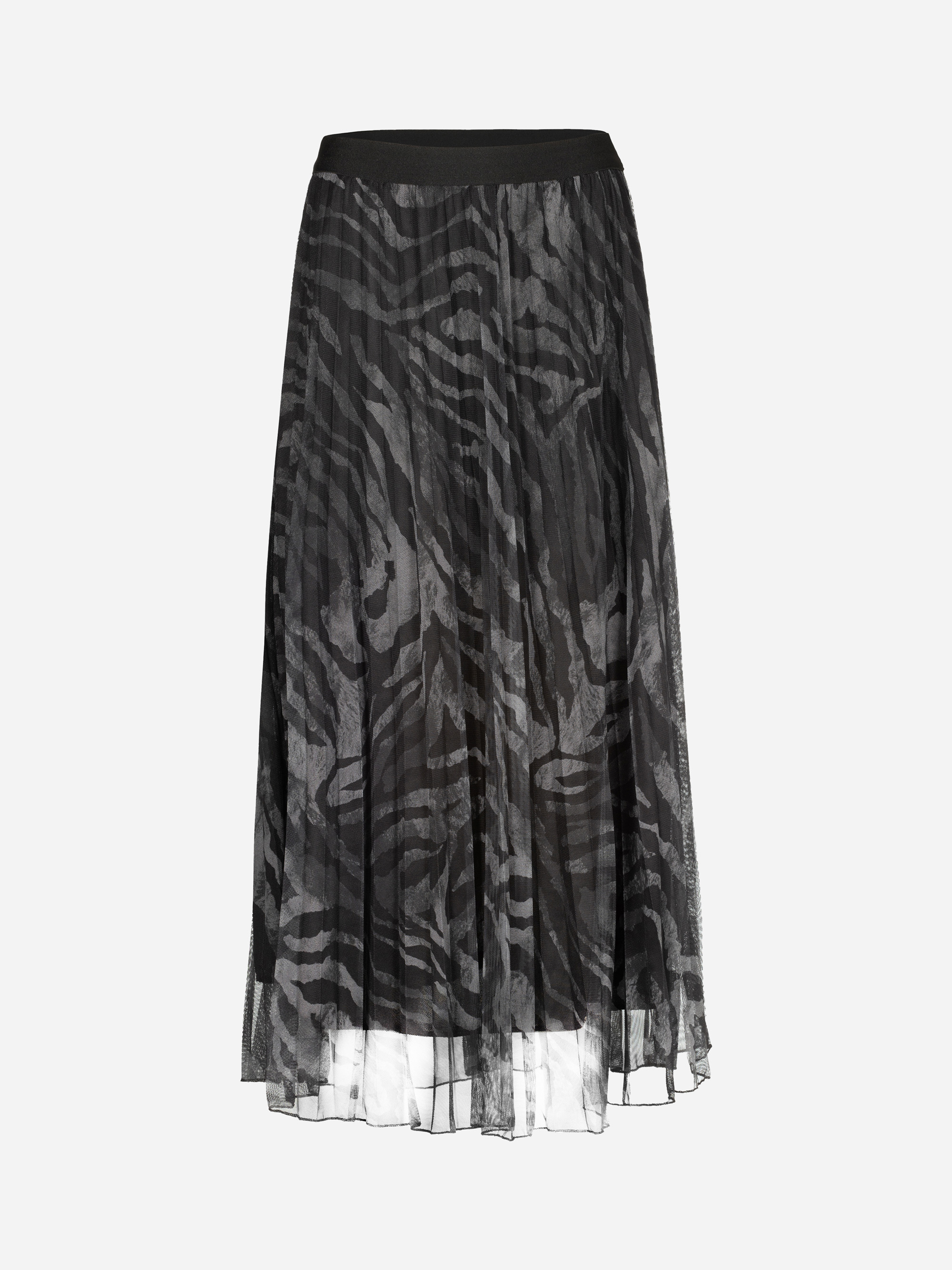 Schwarzer transparenter Midirock mit dezentem Zebramuster, mit schwarzem Bund und weißem Innenfutter auf hellem Grund.