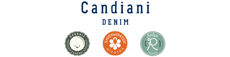 Das Logo von Candiani Denim über drei kreisförmigen umweltfreundlichen Plaketten: eine mit Organic, eine mit SAVEtheWATER Kitotex und eine mit Recycle.