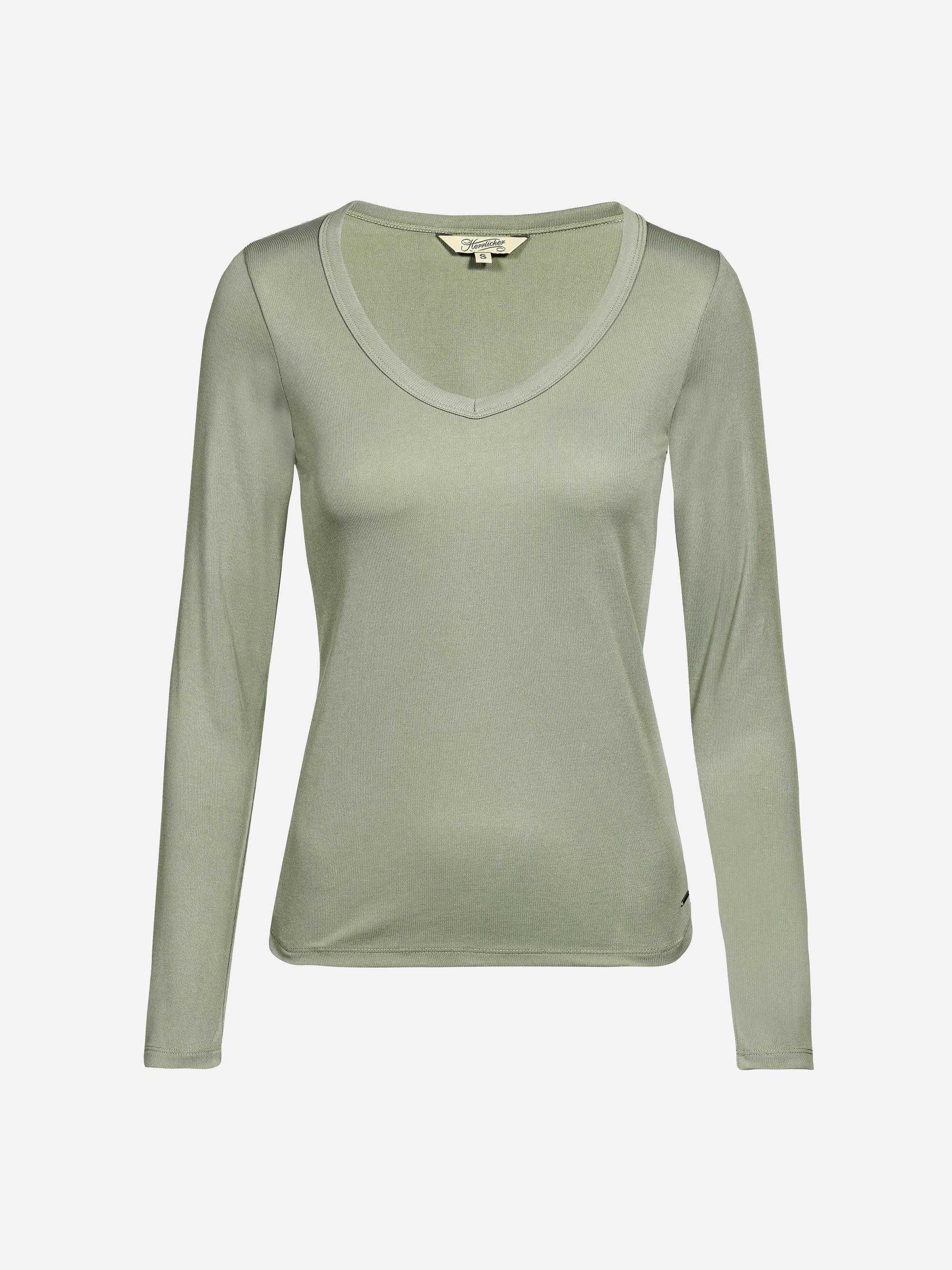 Hellgrünes, langärmeliges Damenhemd mit V-Ausschnitt auf weißem Hintergrund, das die Vorderansicht mit einfachem, tailliertem Design und ohne sichtbare Muster oder Verzierungen zeigt.