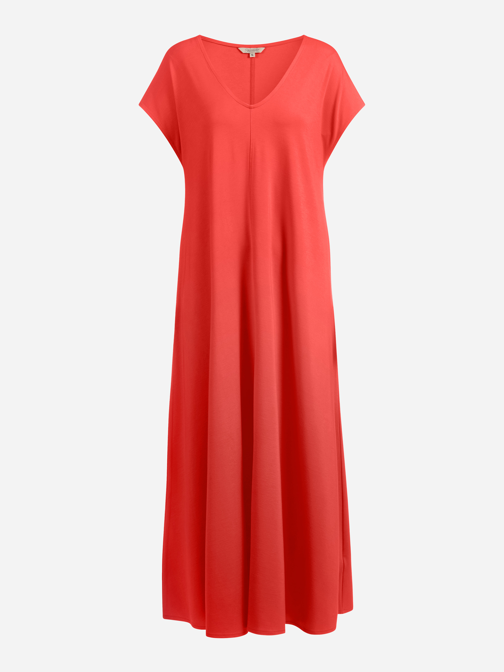 Ein langes, fließendes, kurzärmeliges rotes Kleid mit V-Ausschnitt, das auf einem schlichten weißen Hintergrund abgebildet ist. Das Kleid hat ein einfaches, elegantes Design mit einer lockeren Passform und ohne sichtbare Muster oder Verzierungen.