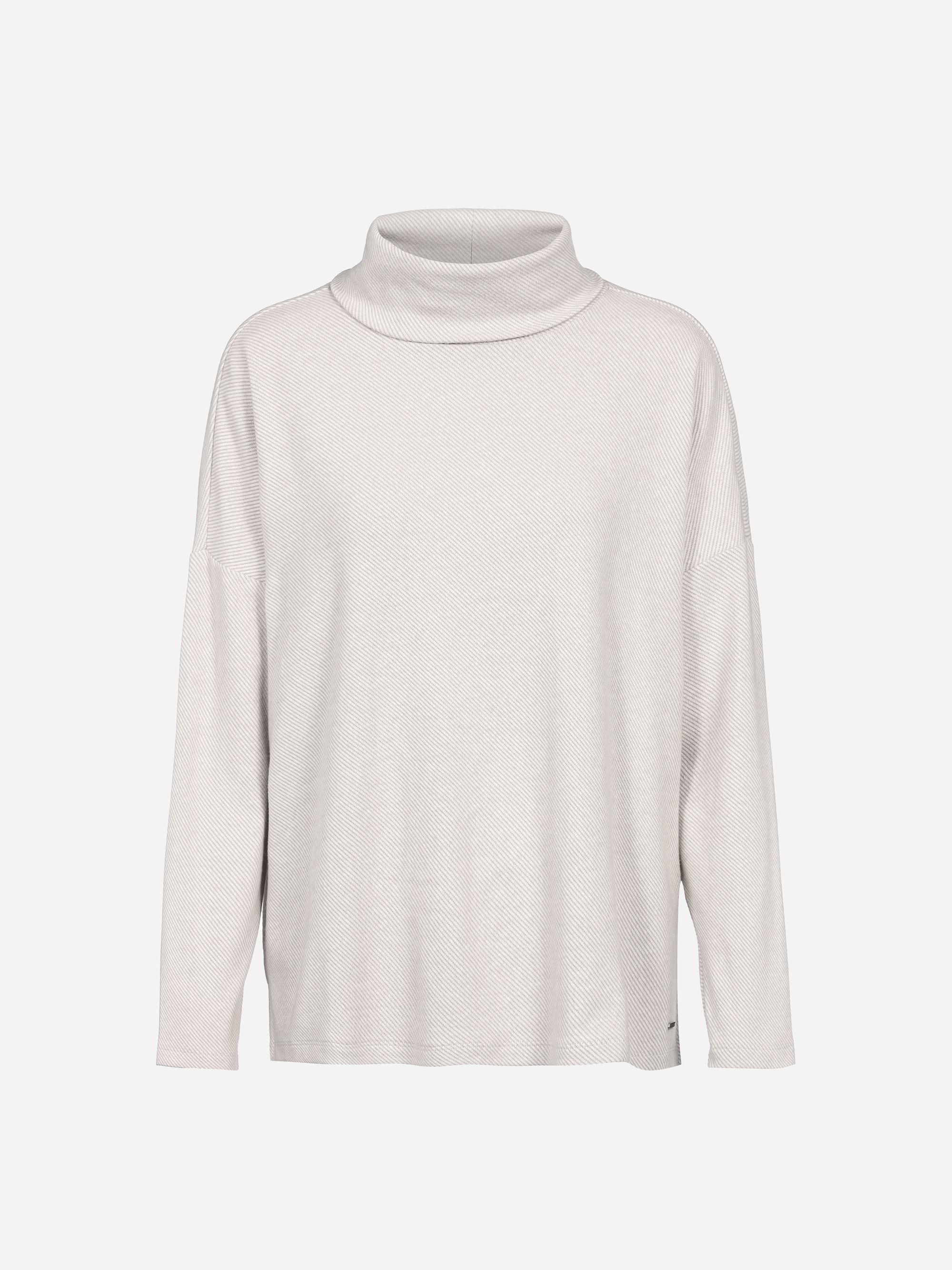 Hellgrauer, langärmeliger Rollkragenpullover mit lockerer Passform auf einfarbig weißem Hintergrund.