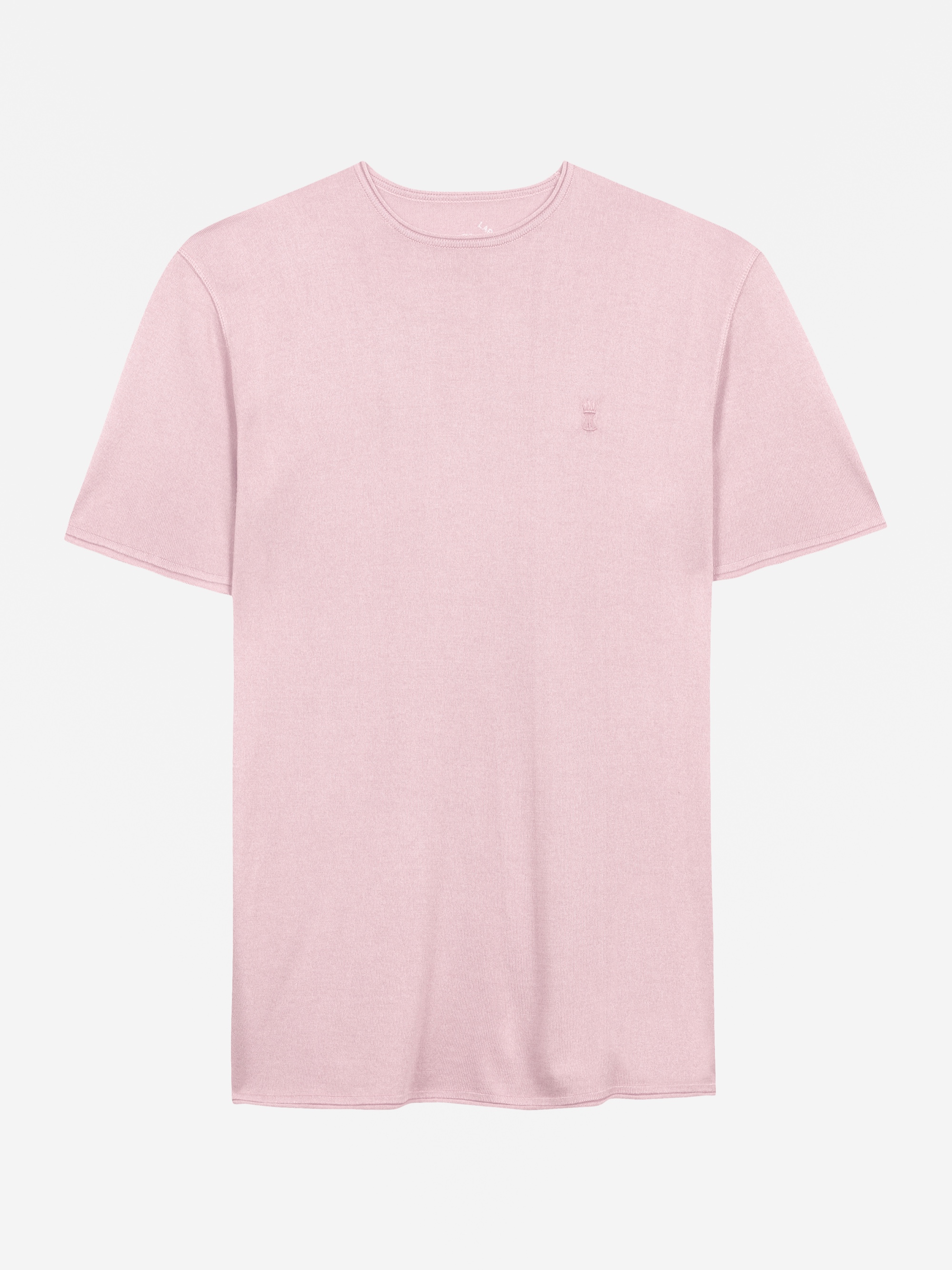 Ein schlichtes, hellrosa T-Shirt mit kurzen Ärmeln ist auf einem weißen Hintergrund abgebildet.